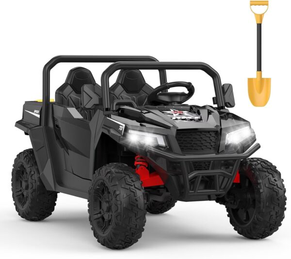 24V 4WD Ride-On Dump Truck for teens, 2-Seater ATV with Remote Control, Electric Dump Bed, Wireless Music, LED Lights, Key Start, Shovel, Up to 5MPH,Black