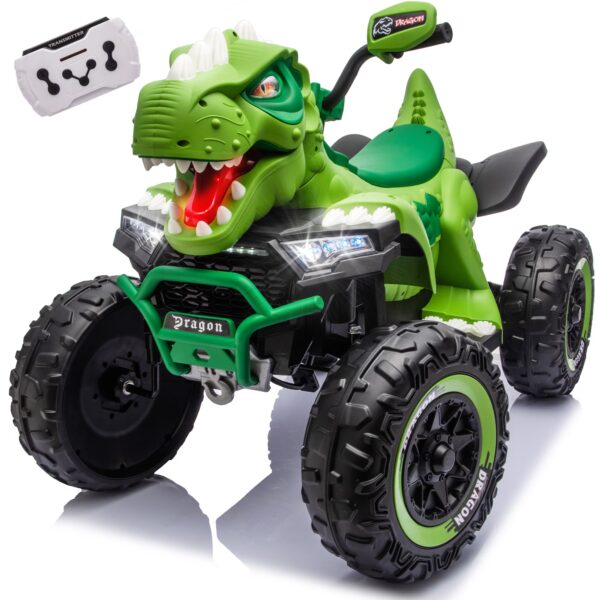 24V Dinosaur Ride on Toy, 2-Seater Powered Ride on Car w/Remote Control, Electric Kids ATV with 4-Wheel Suspension, Bluetooth, Music, Cool Lights, Gift for Boys Girls Aged 3-8 - Green