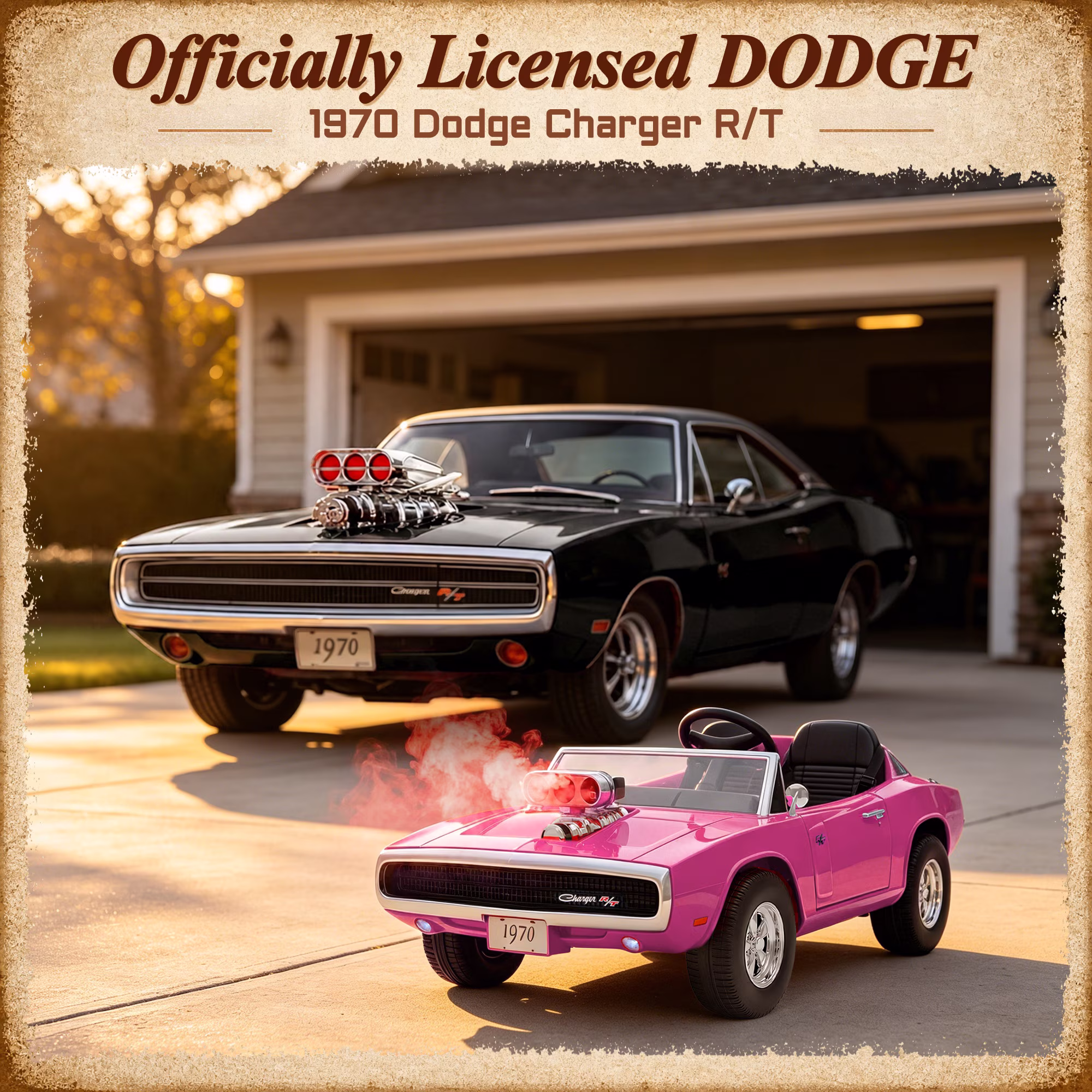 24V Dodge Charger 1970 2 Seater Ride On Car, Powered Ride On w/4-Wheel Suspension, Remote Control, Engine Spray, Lights, MP3, for Ages 3+ - Image 2