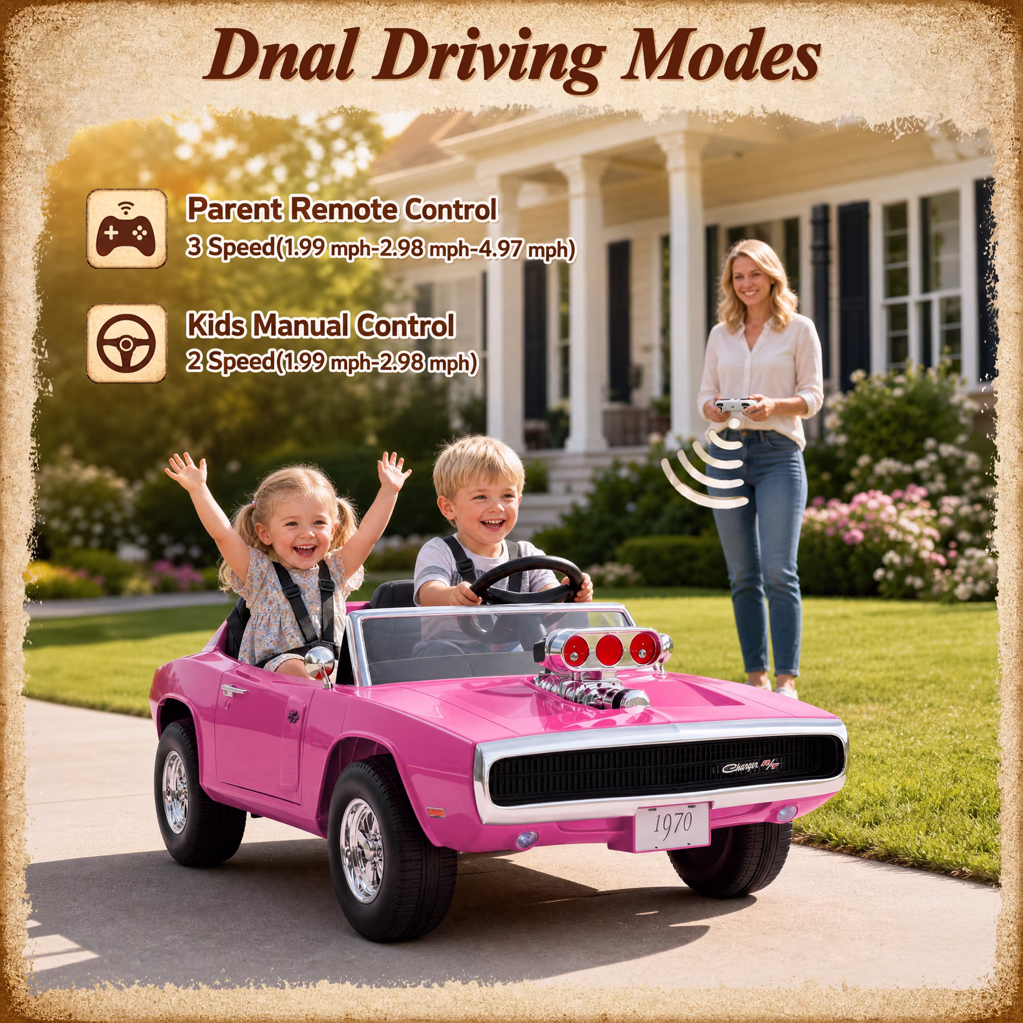 24V Dodge Charger 1970 2 Seater Ride On Car, Powered Ride On w/4-Wheel Suspension, Remote Control, Engine Spray, Lights, MP3, for Ages 3+ - Image 5