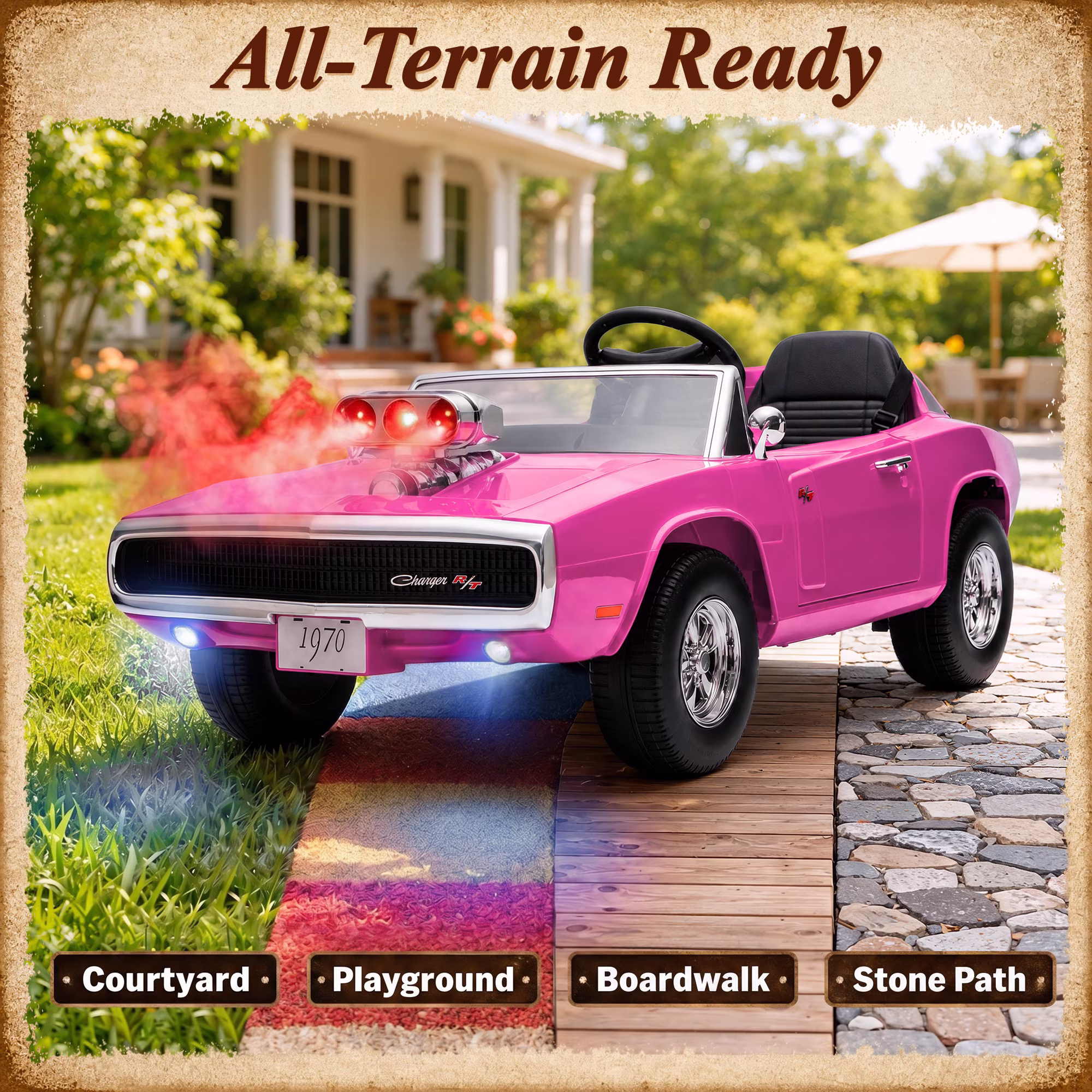 24V Dodge Charger 1970 2 Seater Ride On Car, Powered Ride On w/4-Wheel Suspension, Remote Control, Engine Spray, Lights, MP3, for Ages 3+ - Image 4
