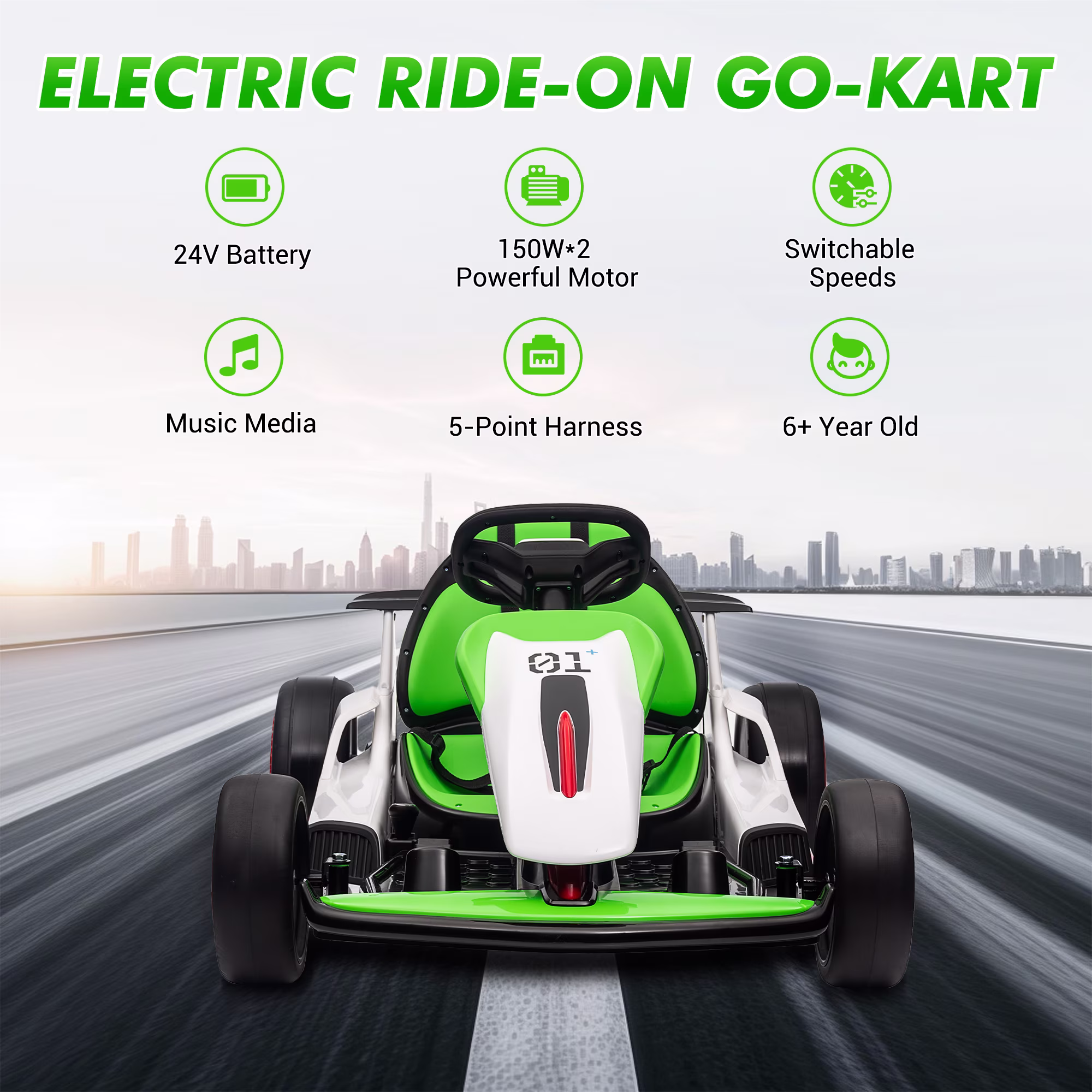 24V Electric Drift Go Kart for Kids, 8.1 MPH High Speed Ride On Car with 2x200W Dual Drive Motors, 360° Drifting Mode, 2 Speed Options, Music & Story Player, Adjustable Bucket Seat, LED Lights - Image 2