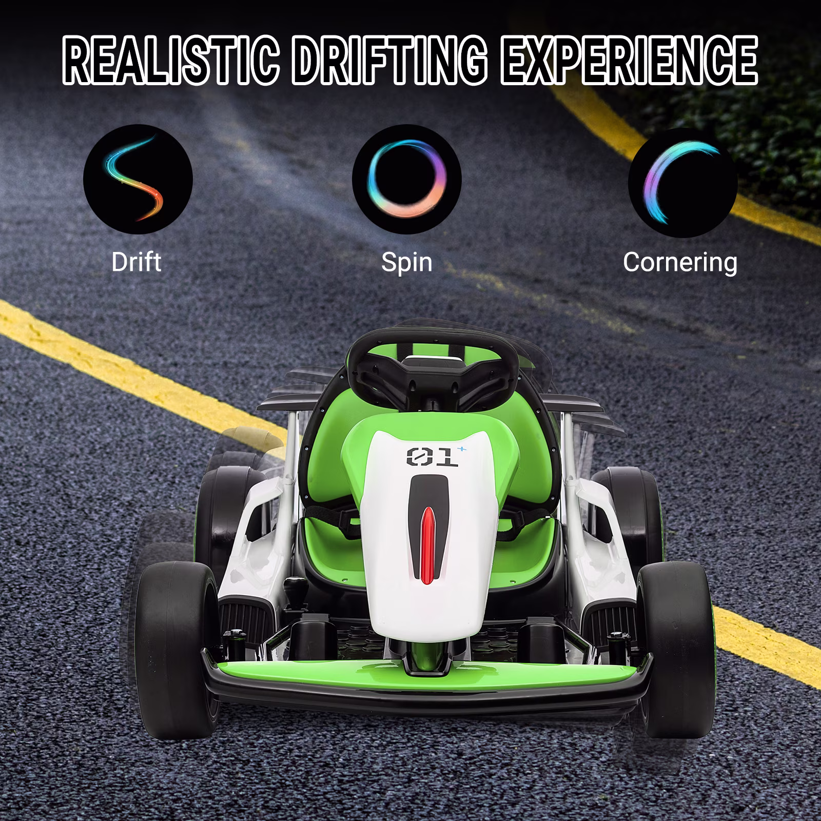 24V Electric Drift Go Kart for Kids, 8.1 MPH High Speed Ride On Car with 2x200W Dual Drive Motors, 360° Drifting Mode, 2 Speed Options, Music & Story Player, Adjustable Bucket Seat, LED Lights - Image 5