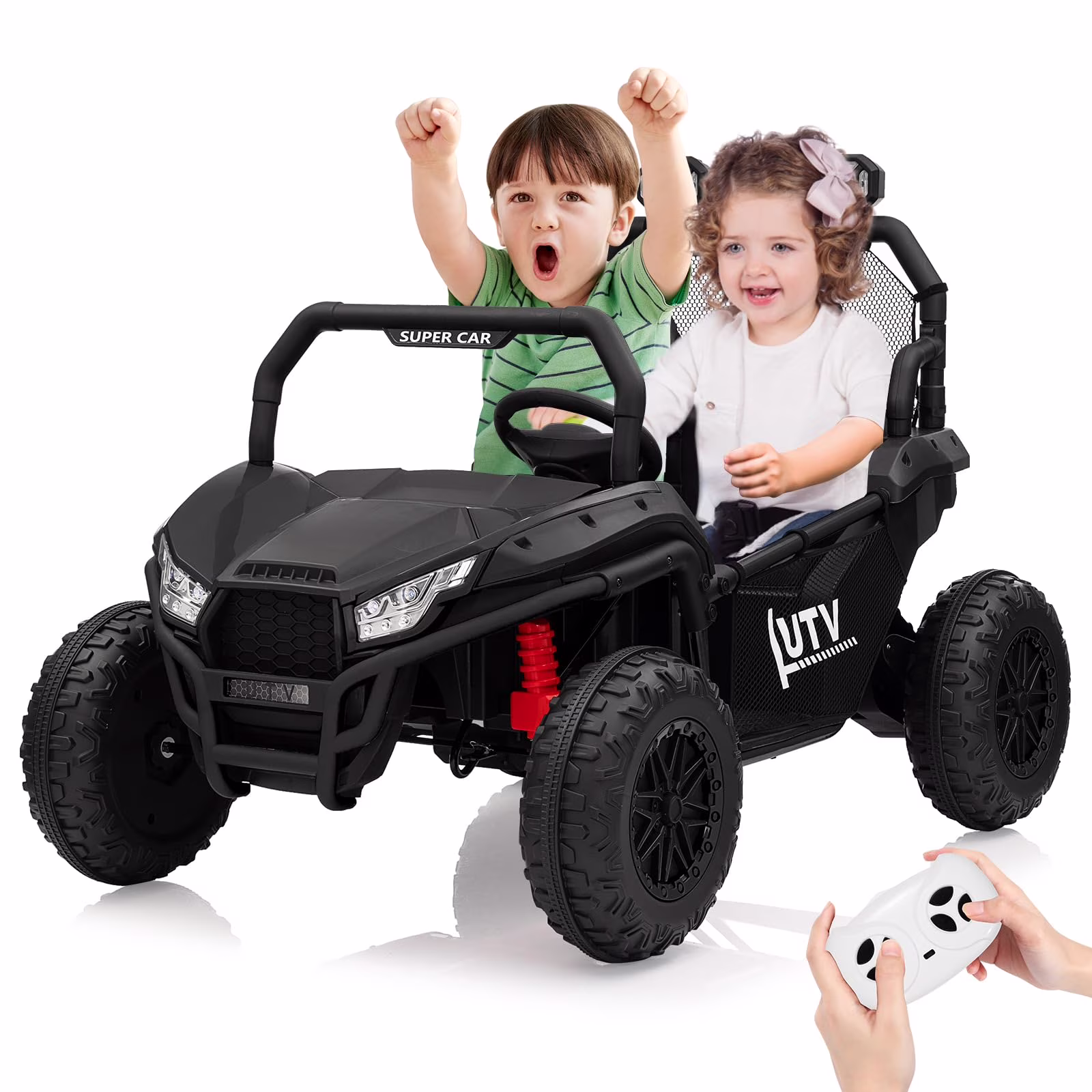 24V Kids Ride on Car, Electric Off-Road UTV Truck, 4WD 2 Seater Electric Vehicle with Remote Control, Safety Belt, Horn, Music, and Lights for Kids Aged 3-8 Years