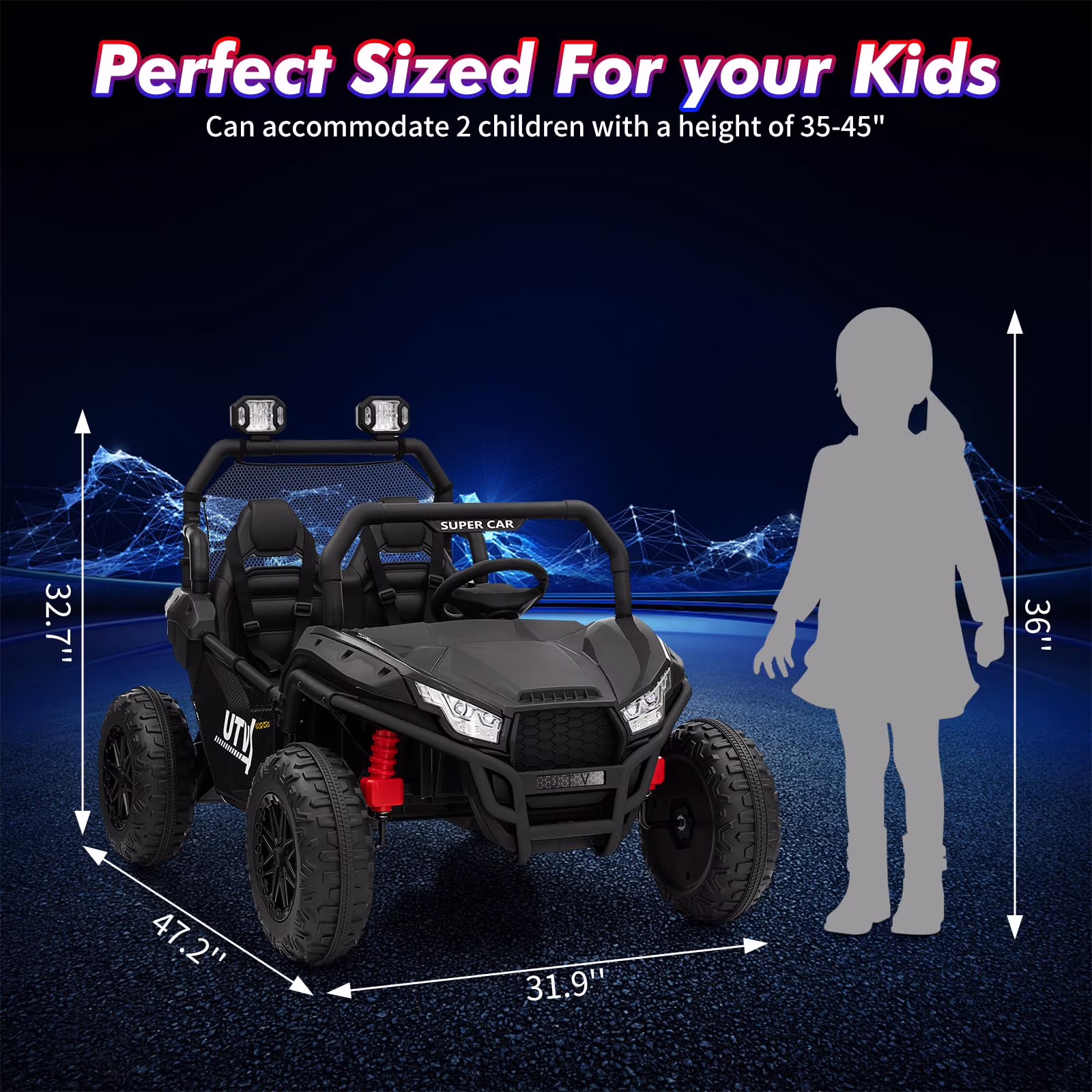 24V Kids Ride on Car, Electric Off-Road UTV Truck, 4WD 2 Seater Electric Vehicle with Remote Control, Safety Belt, Horn, Music, and Lights for Kids Aged 3-8 Years - Image 3