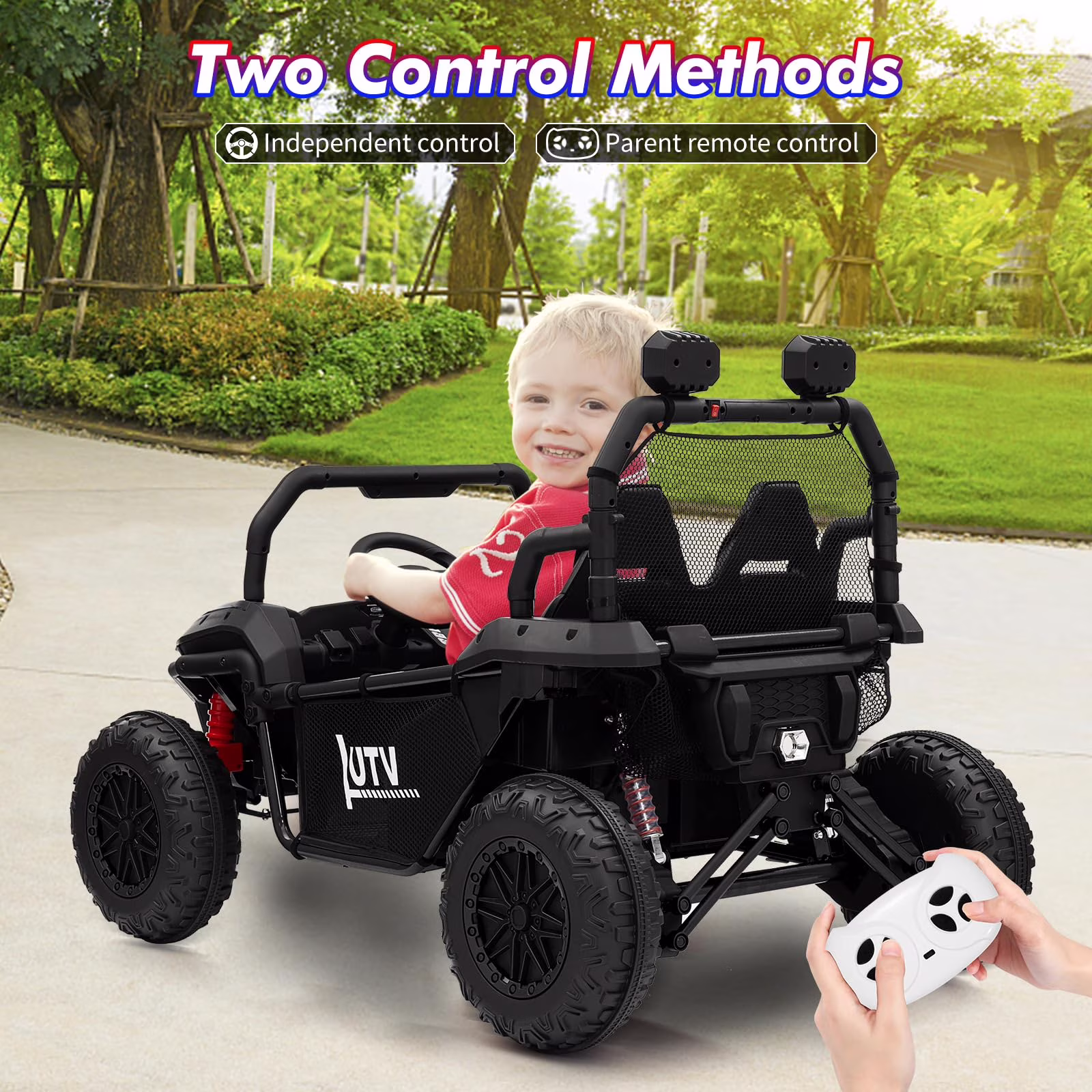 24V Kids Ride on Car, Electric Off-Road UTV Truck, 4WD 2 Seater Electric Vehicle with Remote Control, Safety Belt, Horn, Music, and Lights for Kids Aged 3-8 Years - Image 4