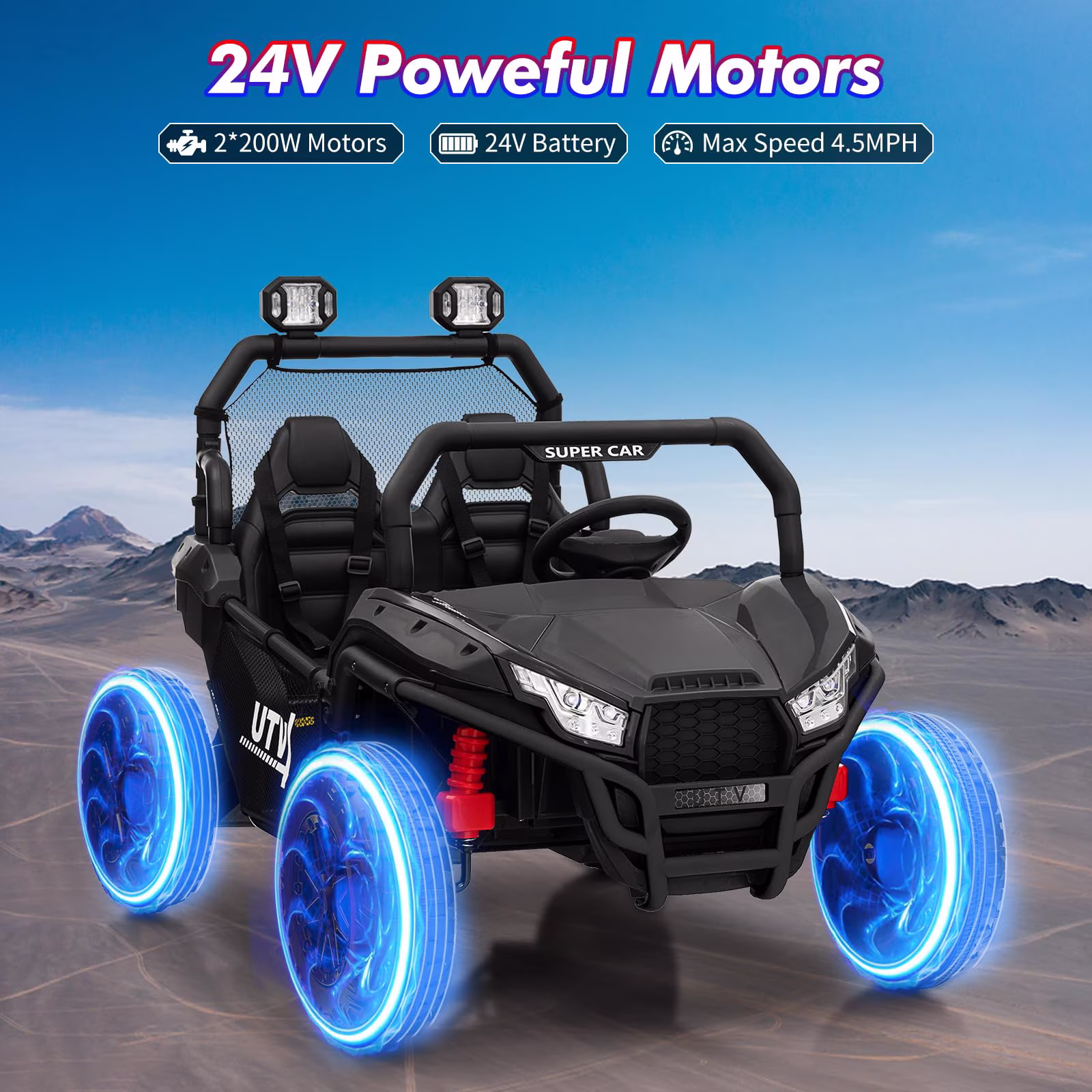 24V Kids Ride on Car, Electric Off-Road UTV Truck, 4WD 2 Seater Electric Vehicle with Remote Control, Safety Belt, Horn, Music, and Lights for Kids Aged 3-8 Years - Image 5
