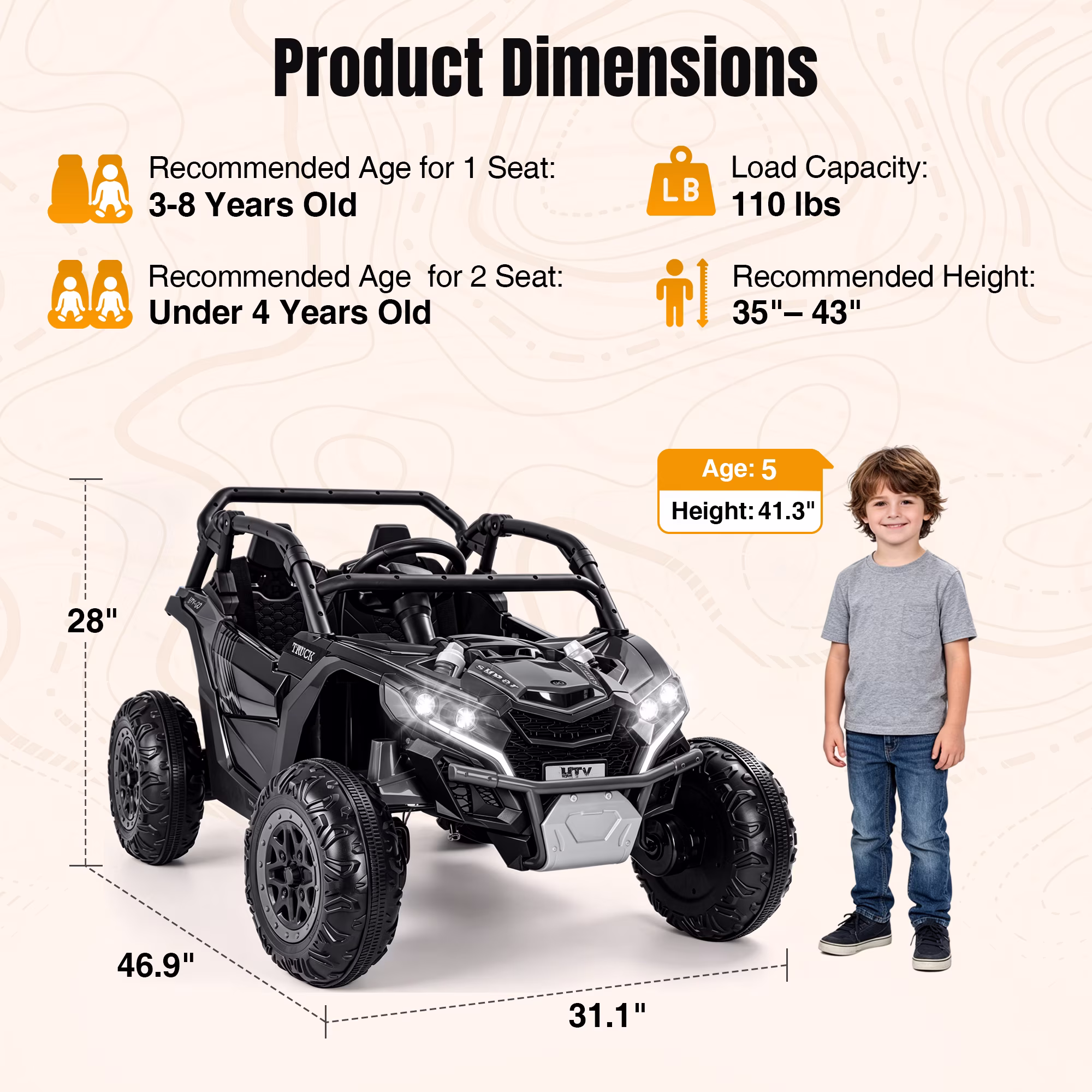 24V Kids Ride On Car UTV, 4WD Remote Control Ride on Toys Electric Car for Ages 3-8, LED Lights, Spring Suspension, 3 Speeds, Music, Black - Image 3