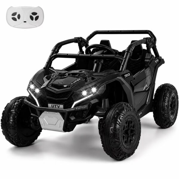 24V Kids Ride On Car UTV, 4WD Remote Control Ride on Toys Electric Car for Ages 3-8, LED Lights, Spring Suspension, 3 Speeds, Music, Black