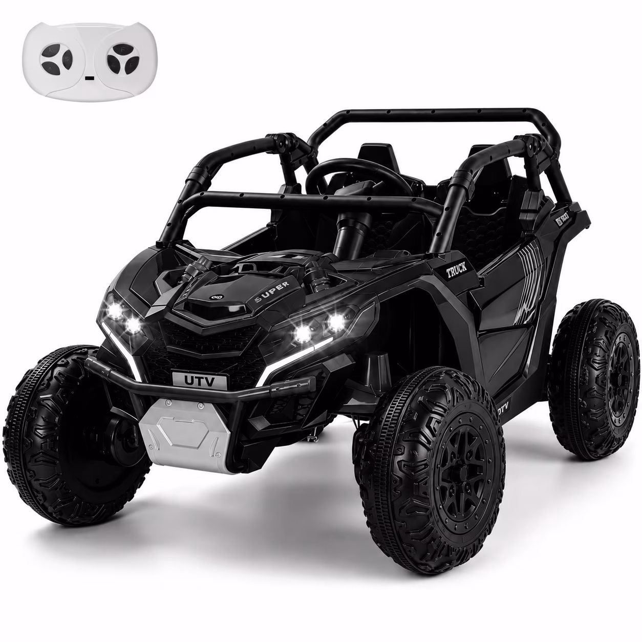 24V Kids Ride On Car UTV, 4WD Remote Control Ride on Toys Electric Car for Ages 3-8, LED Lights, Spring Suspension, 3 Speeds, Music, Black