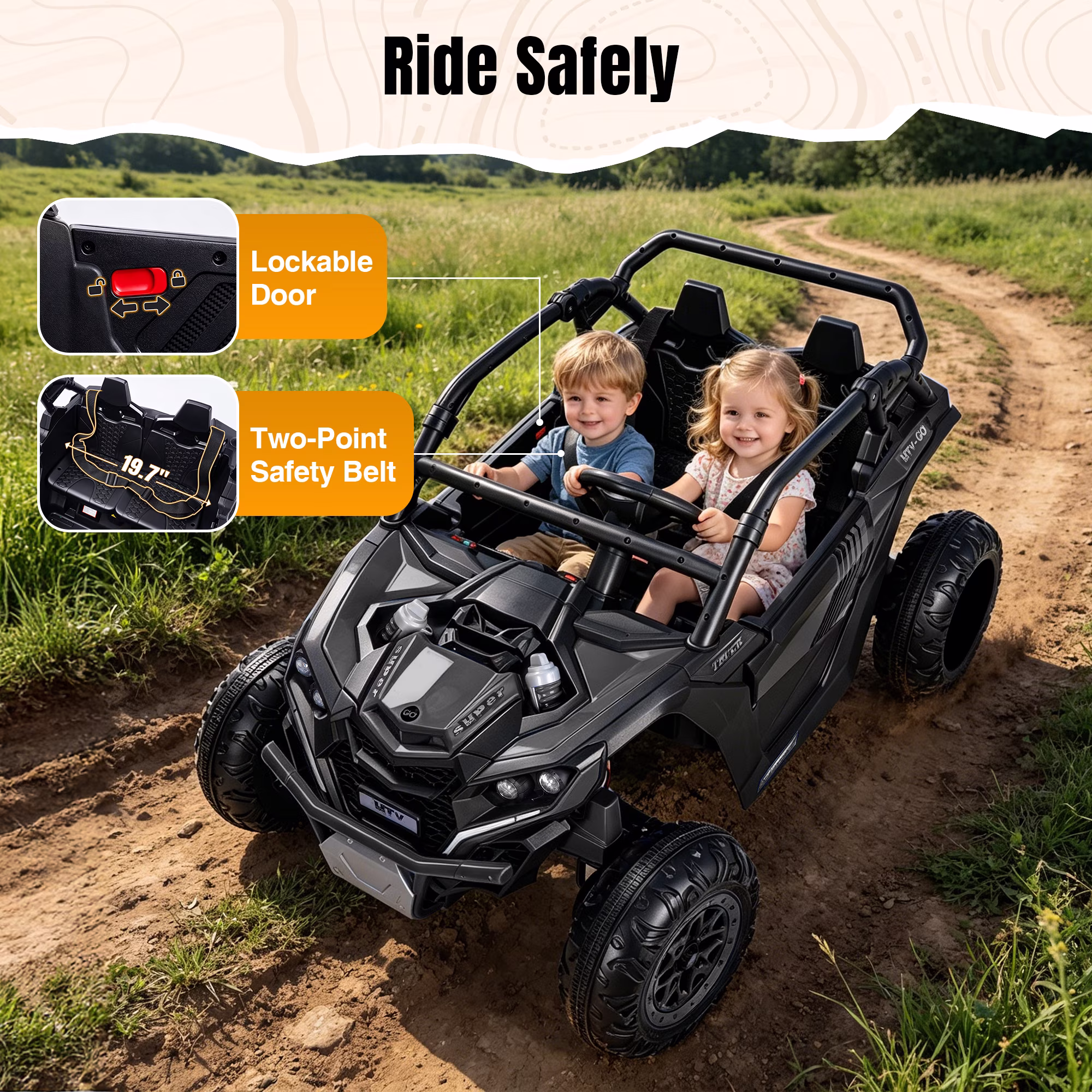 24V Kids Ride On Car UTV, 4WD Remote Control Ride on Toys Electric Car for Ages 3-8, LED Lights, Spring Suspension, 3 Speeds, Music, Black - Image 2