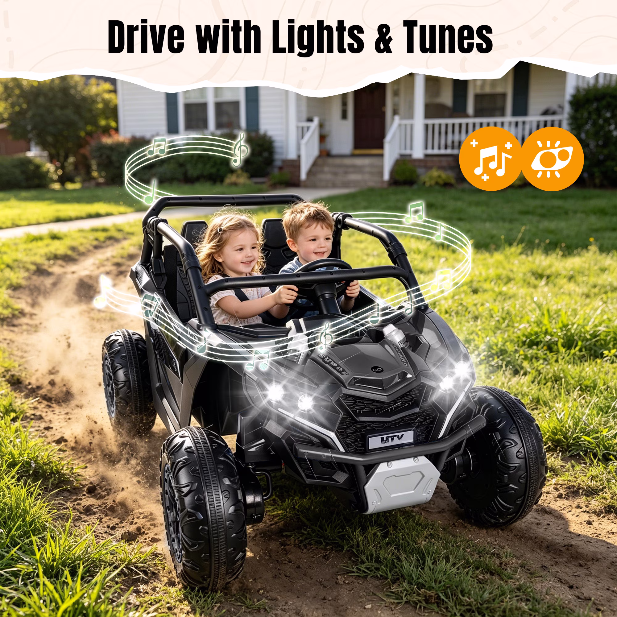 24V Kids Ride On Car UTV, 4WD Remote Control Ride on Toys Electric Car for Ages 3-8, LED Lights, Spring Suspension, 3 Speeds, Music, Black - Image 4