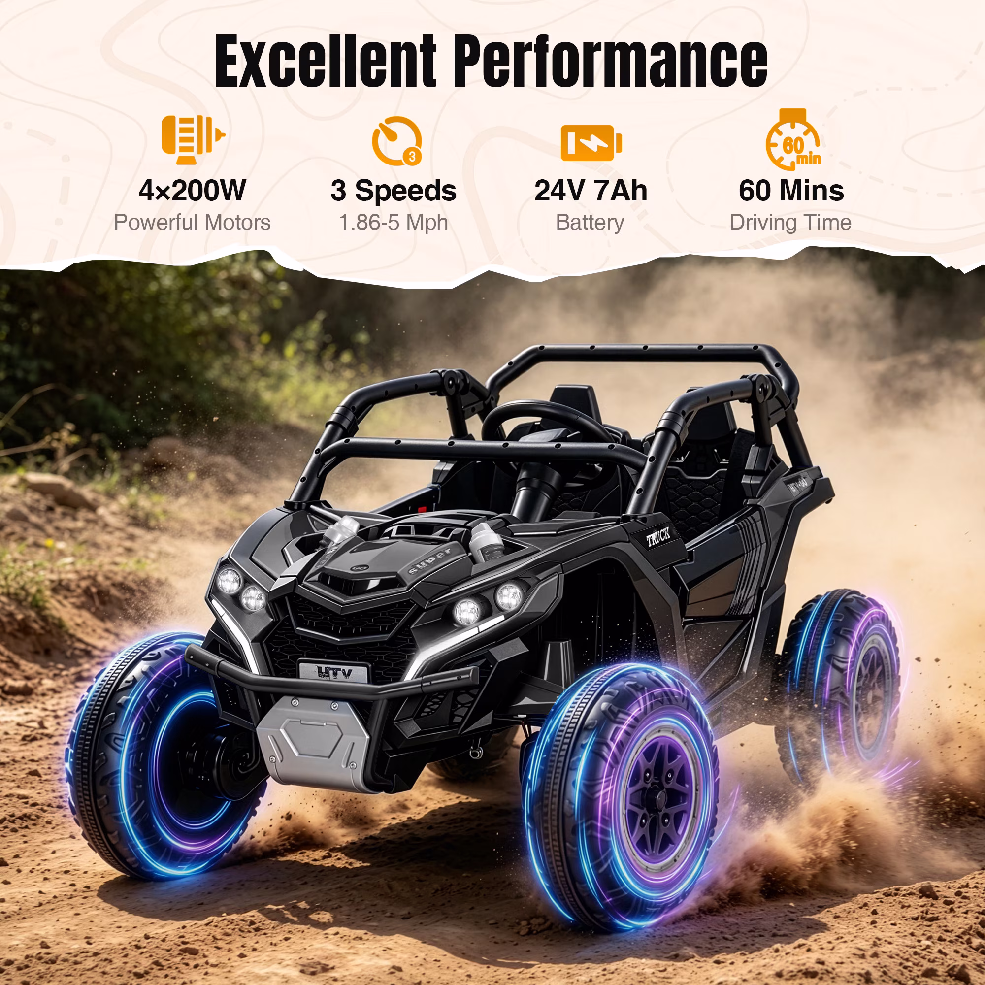 24V Kids Ride On Car UTV, 4WD Remote Control Ride on Toys Electric Car for Ages 3-8, LED Lights, Spring Suspension, 3 Speeds, Music, Black - Image 5