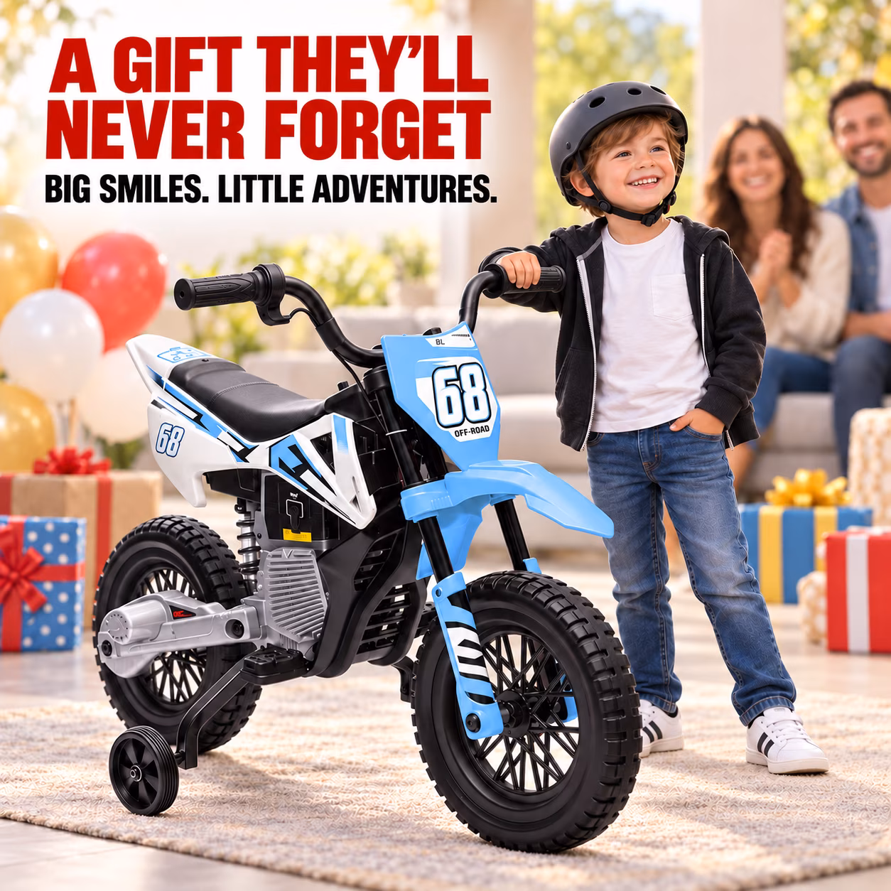 24V Kids Ride-On Motorcycle with Training Wheels, Dual Motors, 2-4 MPH Twist-Grip Throttle, Rear Suspension, Bluetooth Music, Battery Display, Motocross Style Electric Motorbike, Ages 3-8, Blue - Image 3