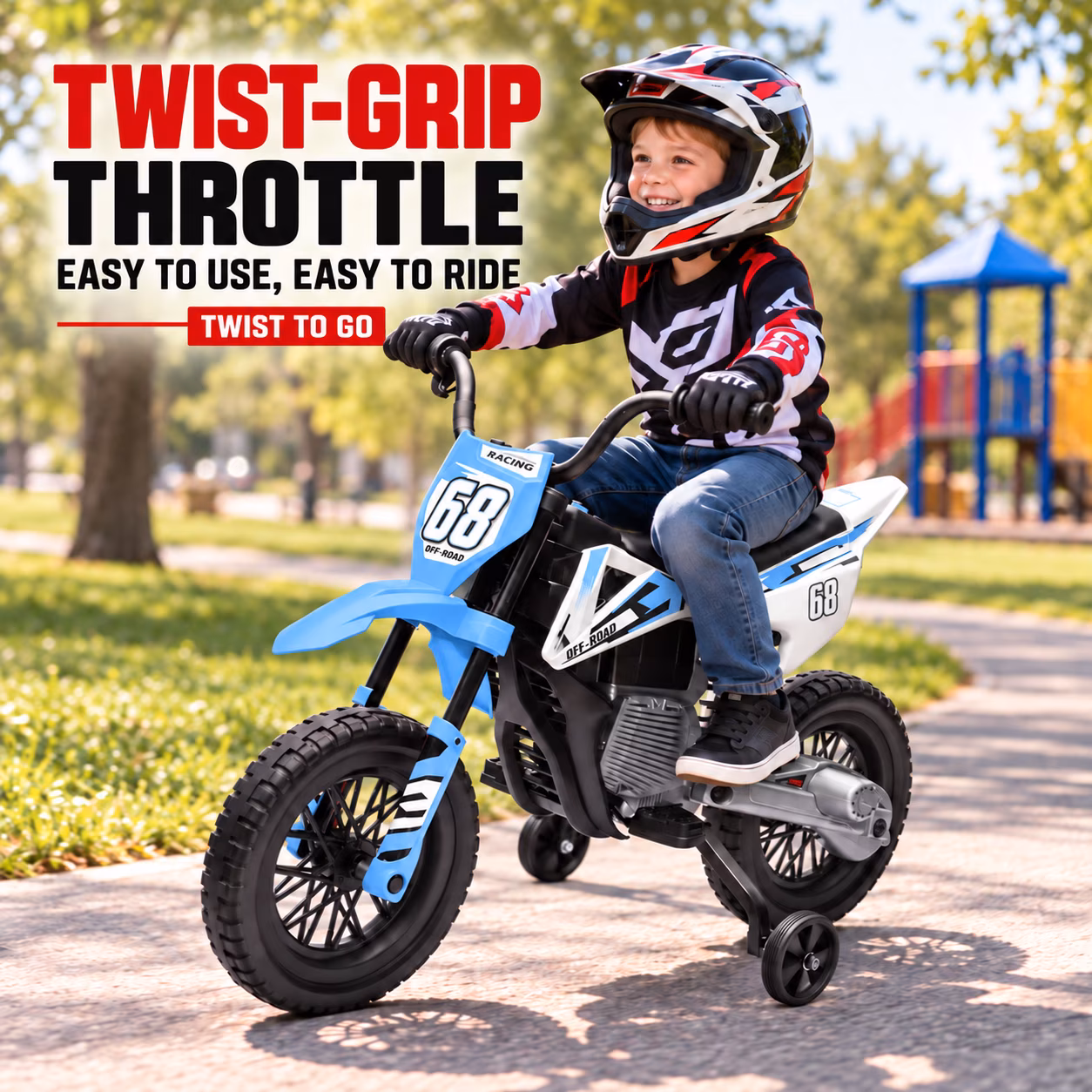 24V Kids Ride-On Motorcycle with Training Wheels, Dual Motors, 2-4 MPH Twist-Grip Throttle, Rear Suspension, Bluetooth Music, Battery Display, Motocross Style Electric Motorbike, Ages 3-8, Blue - Image 5