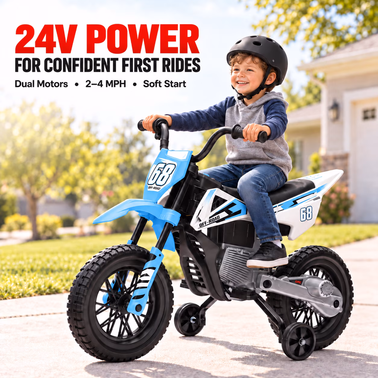 24V Kids Ride-On Motorcycle with Training Wheels, Dual Motors, 2-4 MPH Twist-Grip Throttle, Rear Suspension, Bluetooth Music, Battery Display, Motocross Style Electric Motorbike, Ages 3-8, Blue - Image 2