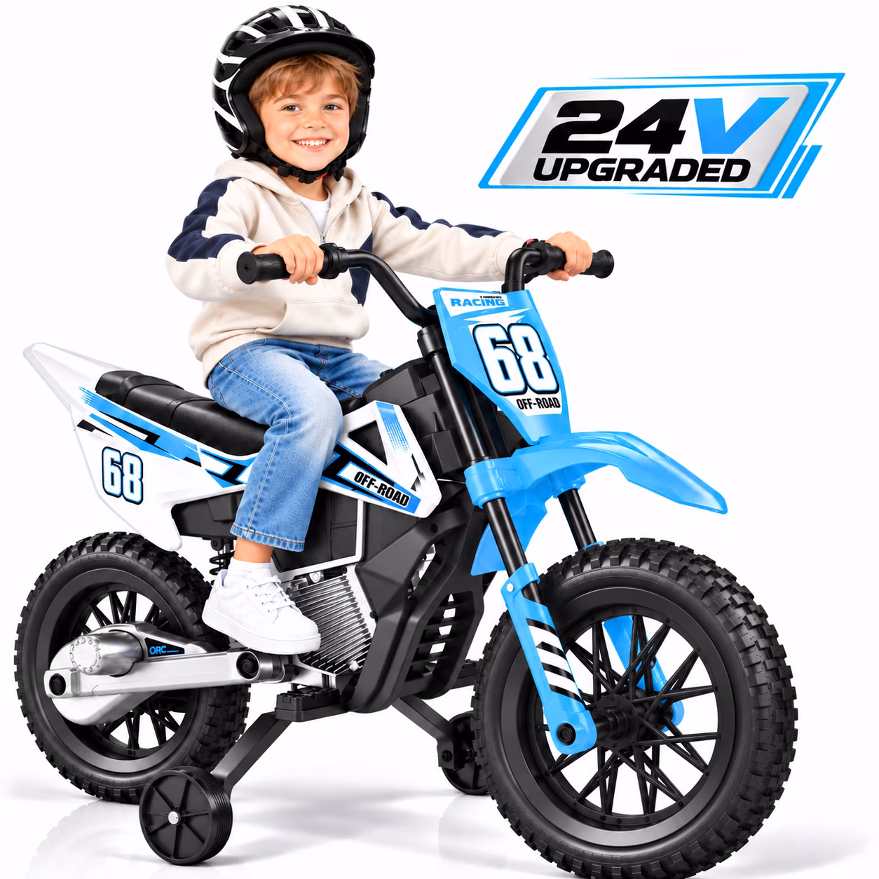 24V Kids Ride-On Motorcycle with Training Wheels, Dual Motors, 2-4 MPH Twist-Grip Throttle, Rear Suspension, Bluetooth Music, Battery Display, Motocross Style Electric Motorbike, Ages 3-8, Blue