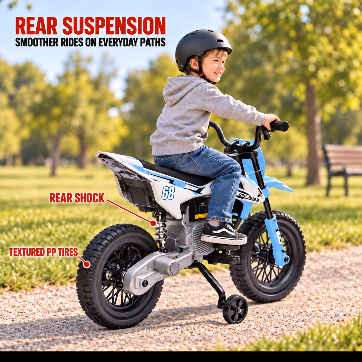 24V Kids Ride-On Motorcycle with Training Wheels, Dual Motors, 2-4 MPH Twist-Grip Throttle, Rear Suspension, Bluetooth Music, Battery Display, Motocross Style Electric Motorbike, Ages 3-8, Blue - Image 4