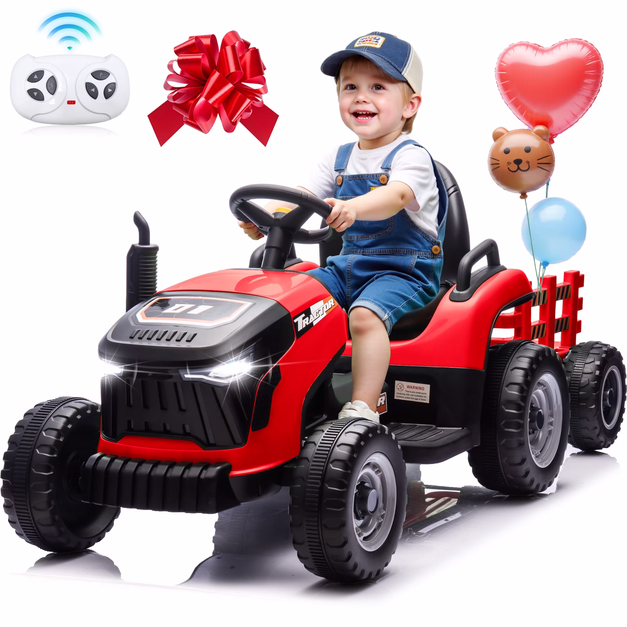 24V Kids Ride on Tractor with Remote Control, Dual Motors Electric Battery Powered Motorized Vehicle w/ Trailer, Bluetooth Music, Outdoor Toys, Red
