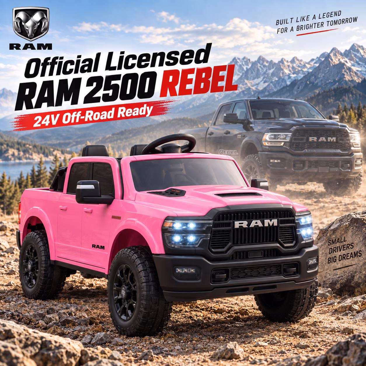 24V Licensed RAM 2500 Rebel Kids Ride On Truck, 2 Seater Ride On Car with Remote Control, Electric Car for Kids with Bed Storage, Safety Belt & Music - Pink - Image 3