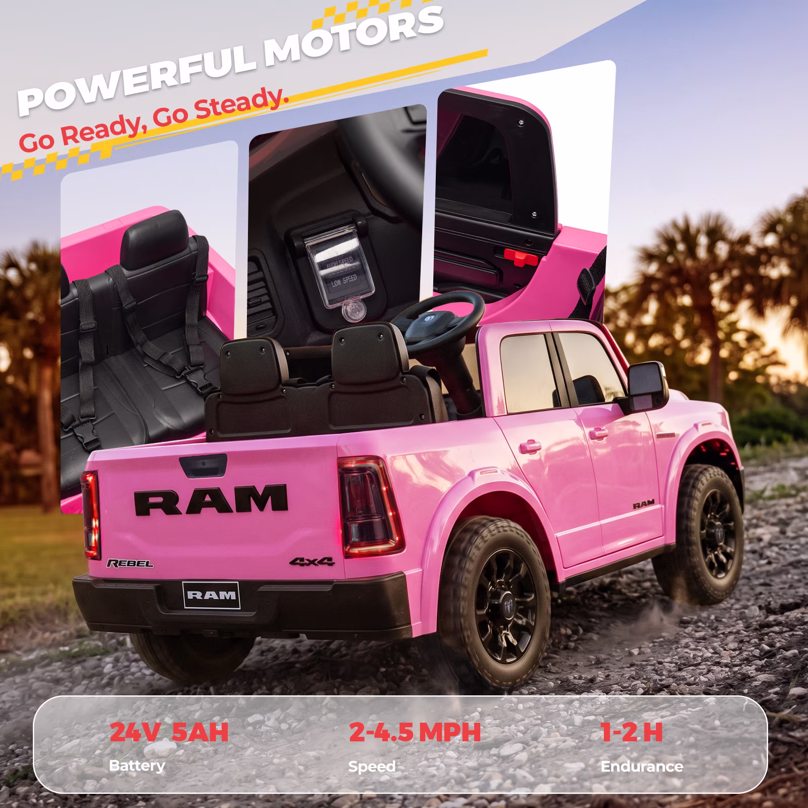 24V Licensed RAM 2500 Rebel Kids Ride On Truck, 2 Seater Ride On Car with Remote Control, Electric Car for Kids with Bed Storage, Safety Belt & Music - Pink - Image 5