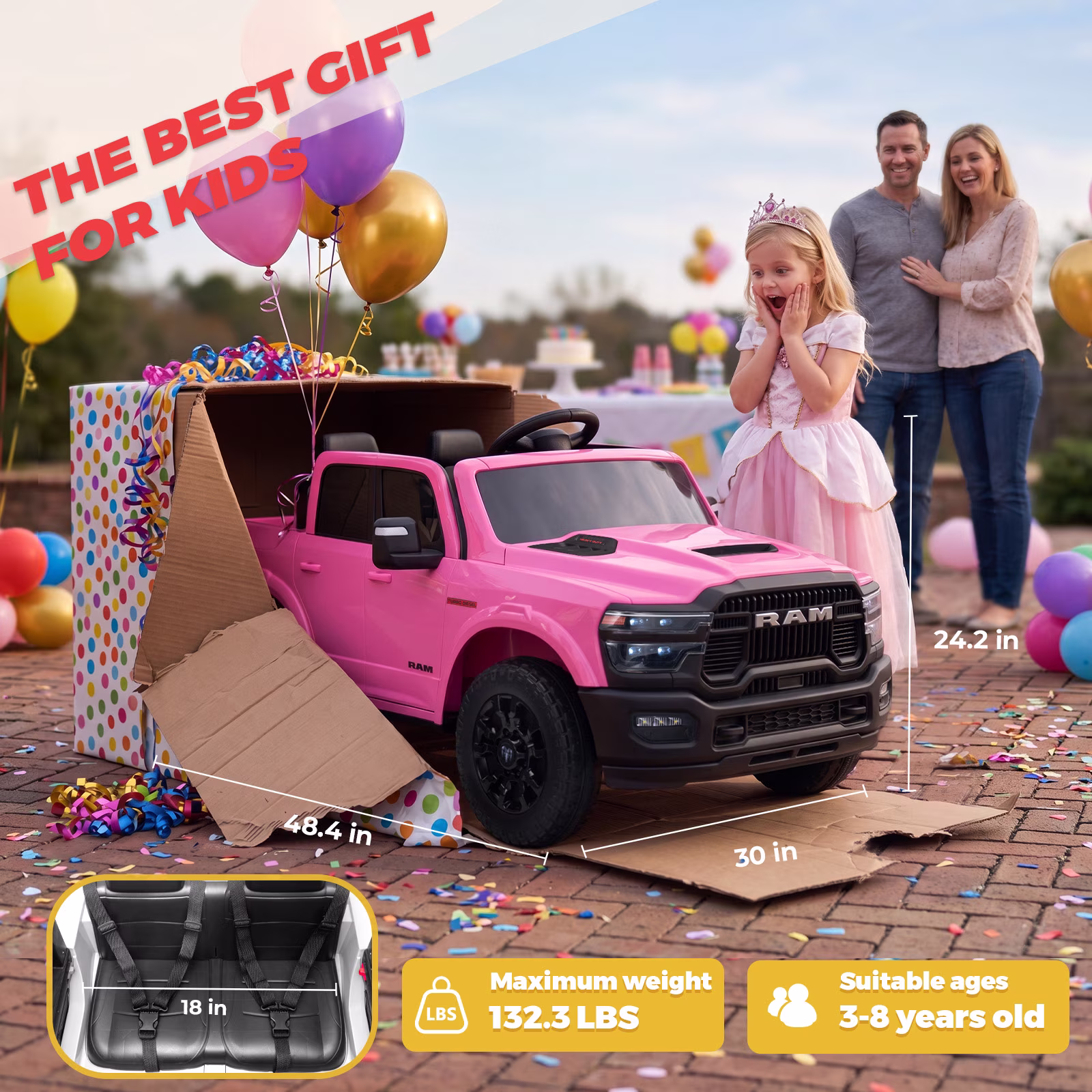 24V Licensed RAM 2500 Rebel Kids Ride On Truck, 2 Seater Ride On Car with Remote Control, Electric Car for Kids with Bed Storage, Safety Belt & Music - Pink - Image 4