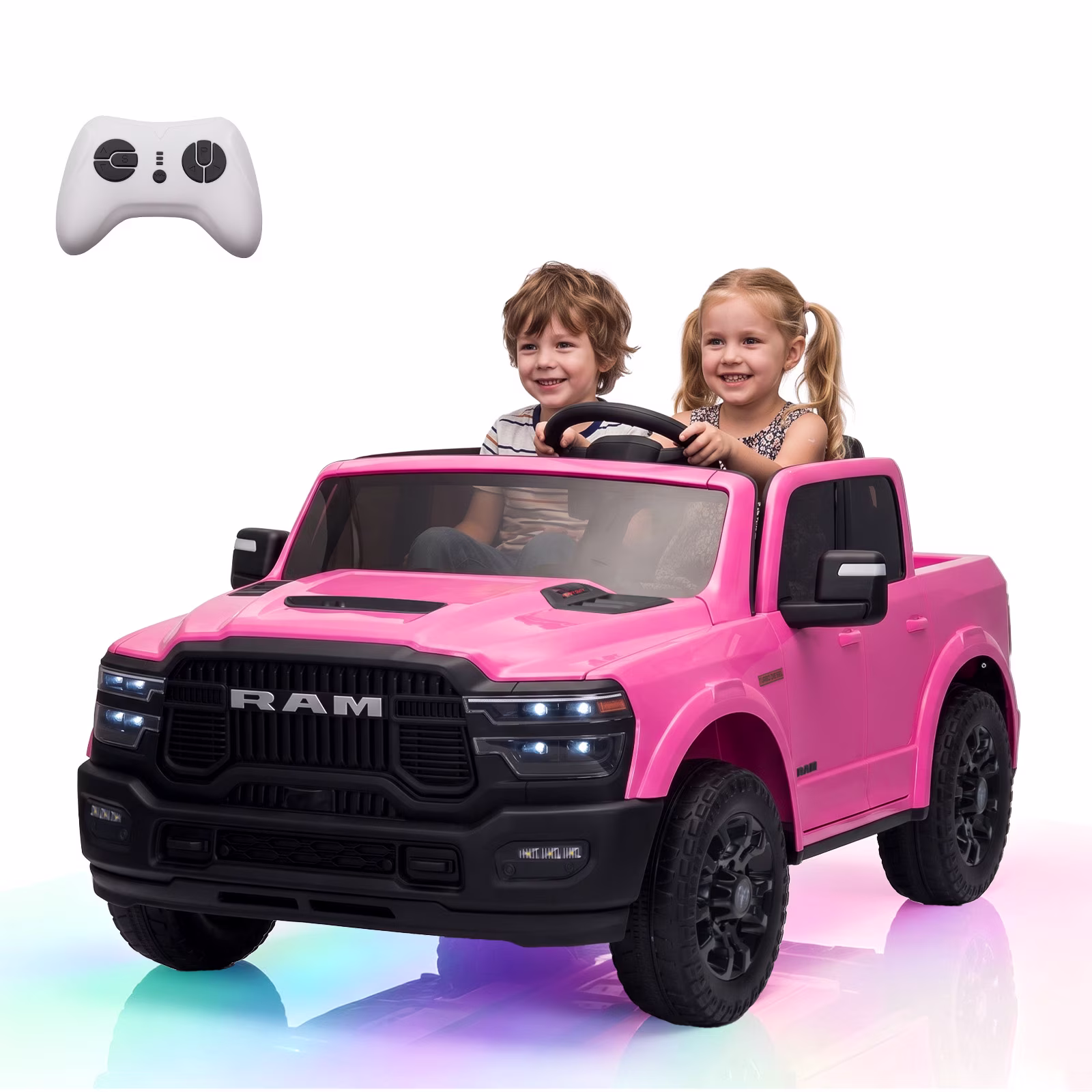 24V Licensed RAM 2500 Rebel Kids Ride On Truck, 2 Seater Ride On Car with Remote Control, Electric Car for Kids with Bed Storage, Safety Belt & Music - Pink