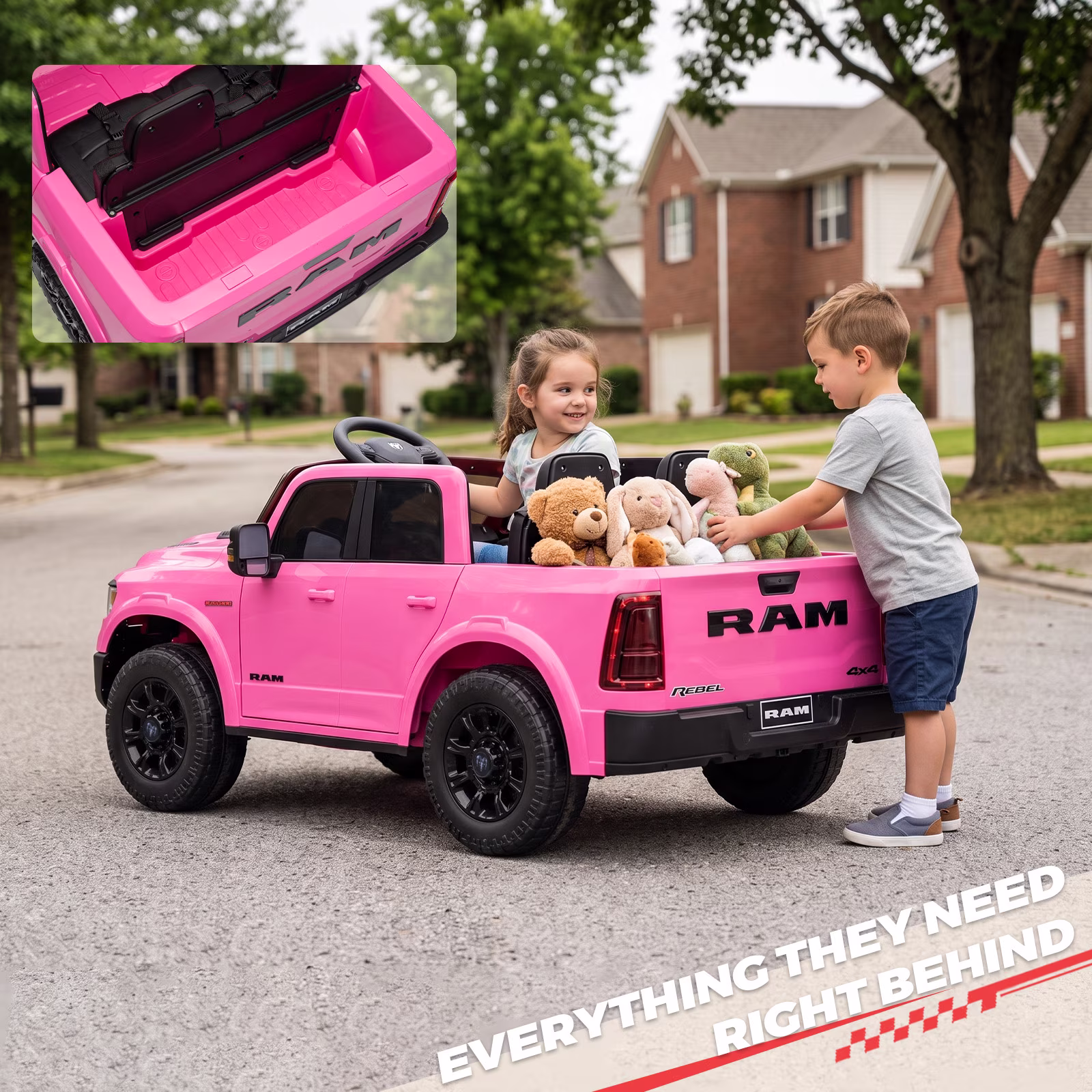 24V Licensed RAM 2500 Rebel Kids Ride On Truck, 2 Seater Ride On Car with Remote Control, Electric Car for Kids with Bed Storage, Safety Belt & Music - Pink - Image 2