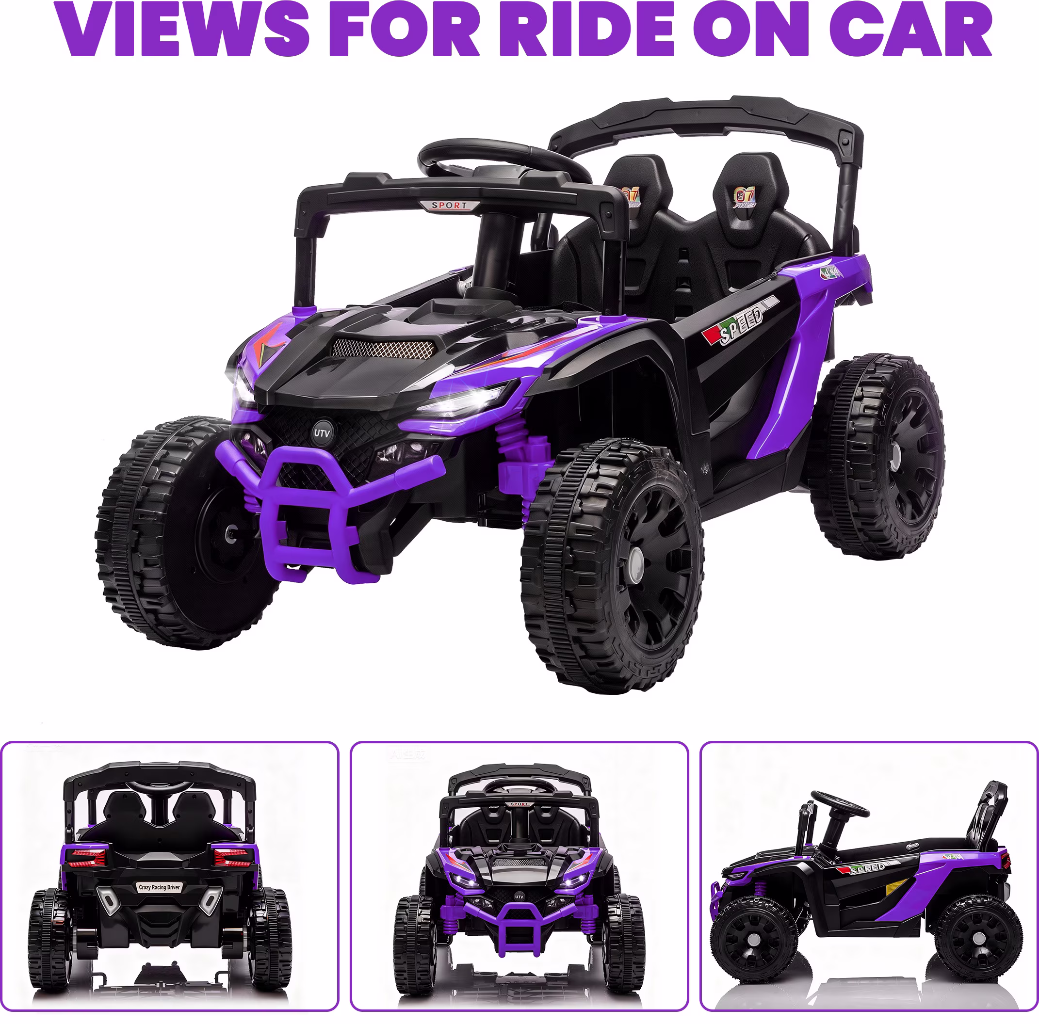 24V Powered Ride on Toys with Remote Control, Kids Ride on Car UTV for Boys Girls Ages 3-5, Ride on Vehicles Electric Cars for Kids with Bluetooth, Music, LED Light, 4 Wheels Suspension, Purple - Image 3