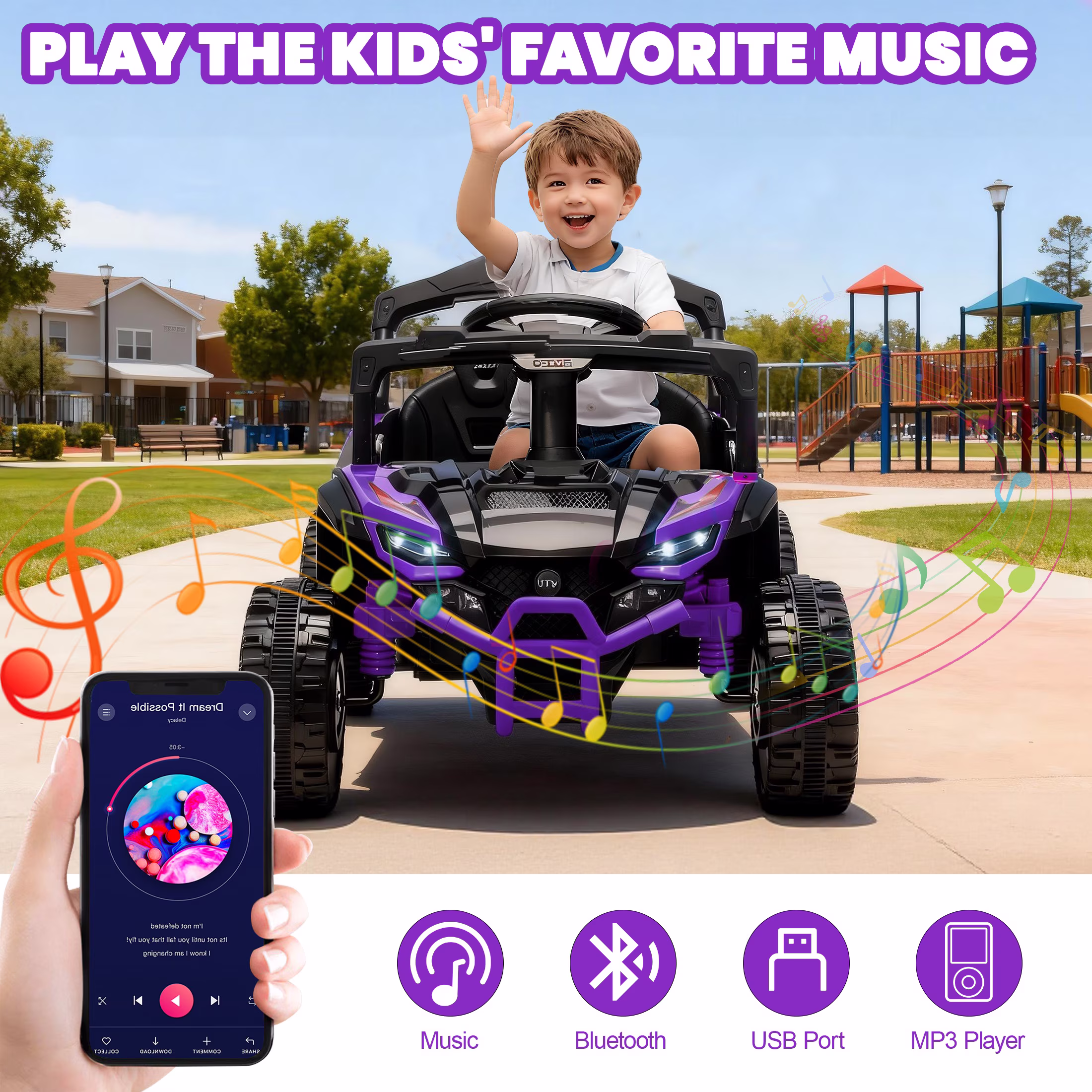 24V Powered Ride on Toys with Remote Control, Kids Ride on Car UTV for Boys Girls Ages 3-5, Ride on Vehicles Electric Cars for Kids with Bluetooth, Music, LED Light, 4 Wheels Suspension, Purple - Image 4