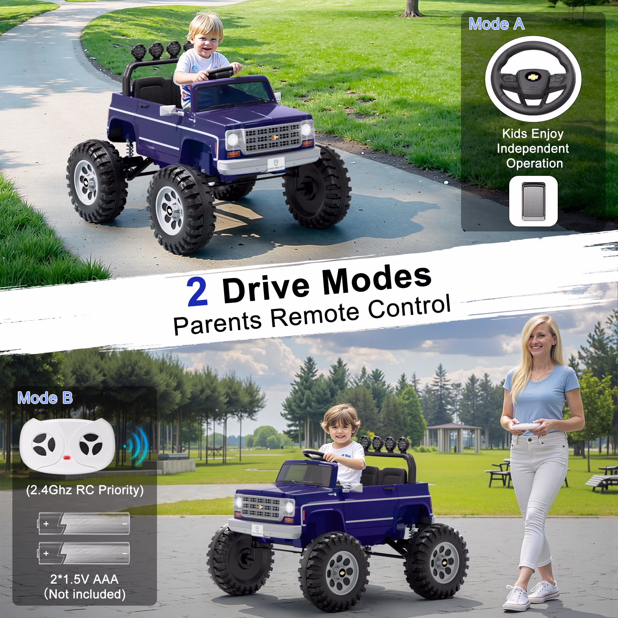 24V Ride on Car 2 Seater, Licensed Chevrolet Cheyenne Powered Ride on Toy Truck with Remote Control, 4 Wheels Electric Vehicle Giftable Toy Car for Kids Aged 3-8, Spring Suspension, Blue-Purple - Image 4
