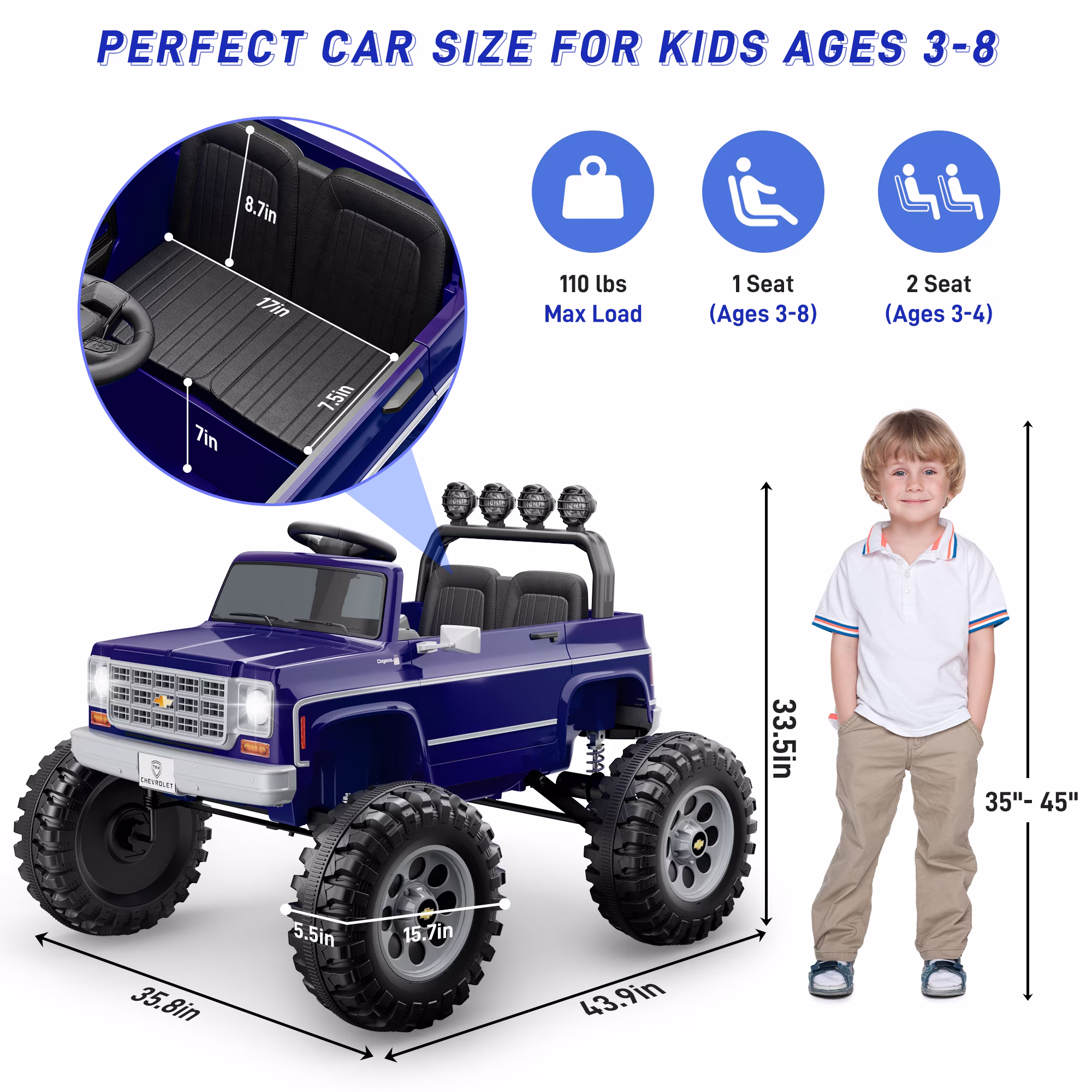 24V Ride on Car 2 Seater, Licensed Chevrolet Cheyenne Powered Ride on Toy Truck with Remote Control, 4 Wheels Electric Vehicle Giftable Toy Car for Kids Aged 3-8, Spring Suspension, Blue-Purple - Image 2