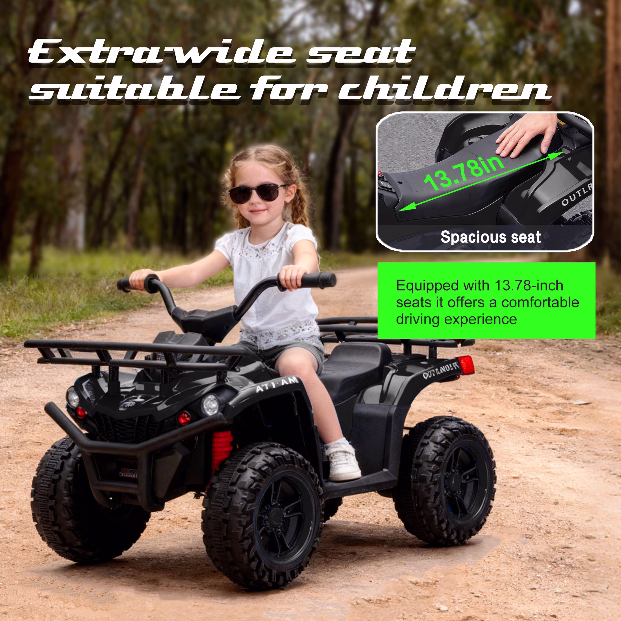 24V Ride on Car, Kids ATV Quad with Bluetooth Music w/Storage Racs, Anti-Slip Tires, 160W Motors, Crash Bars, Power Display, LED Lights & Bluetooth, 24 Volt Ride on Toys for Toddlers Ages 3+, Black - Image 3