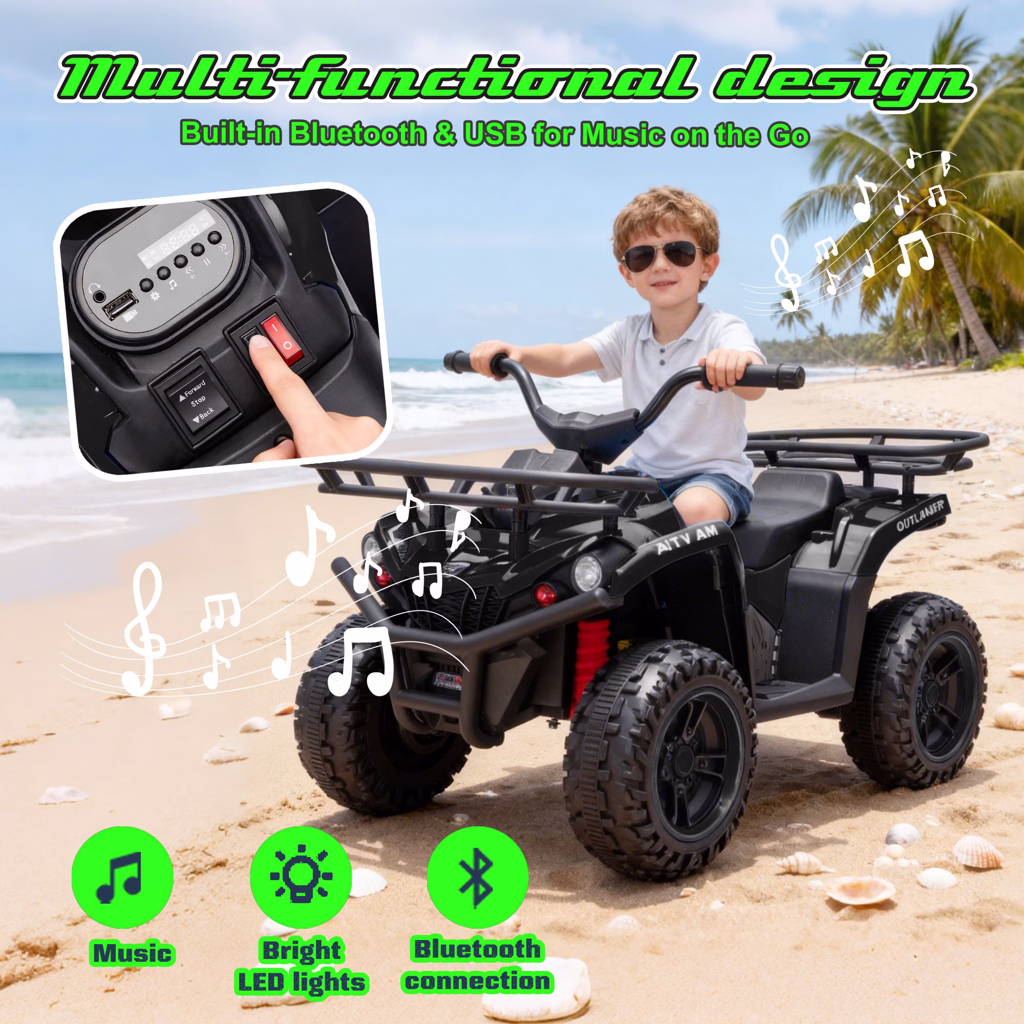 24V Ride on Car, Kids ATV Quad with Bluetooth Music w/Storage Racs, Anti-Slip Tires, 160W Motors, Crash Bars, Power Display, LED Lights & Bluetooth, 24 Volt Ride on Toys for Toddlers Ages 3+, Black - Image 4