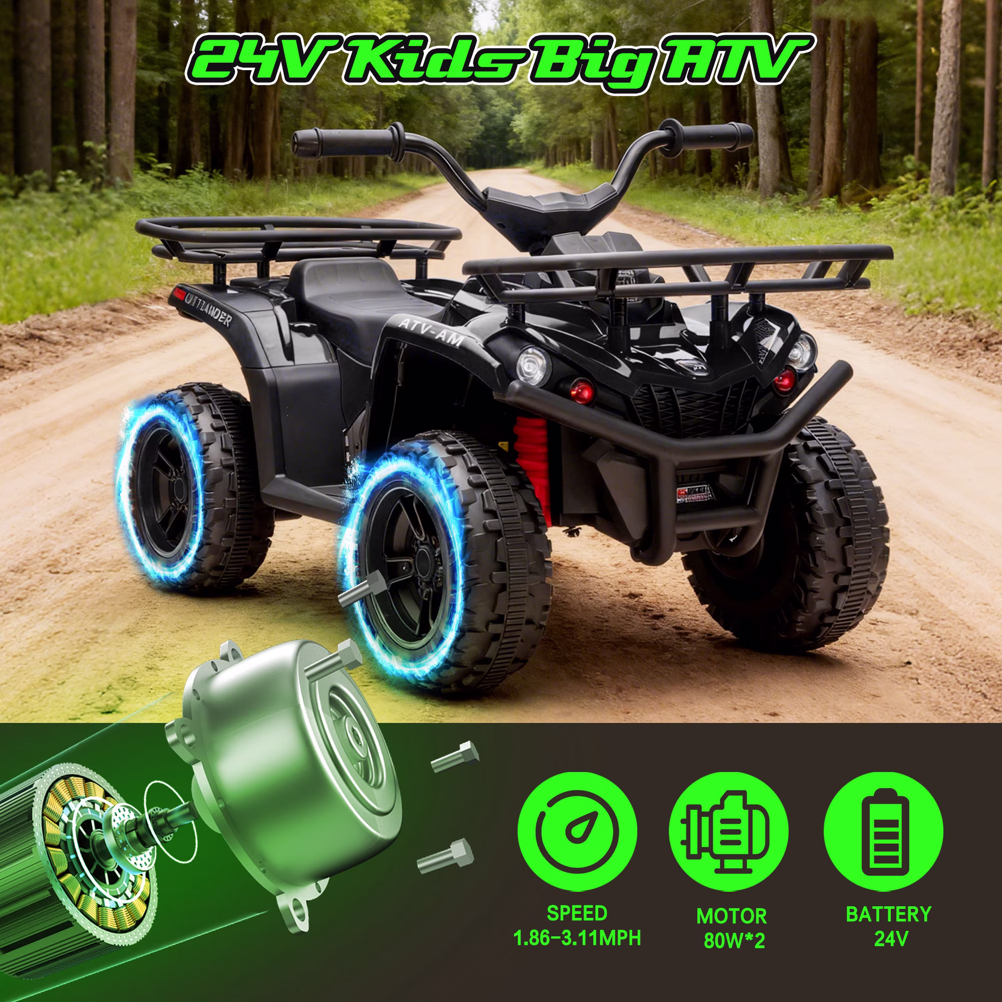 24V Ride on Car, Kids ATV Quad with Bluetooth Music w/Storage Racs, Anti-Slip Tires, 160W Motors, Crash Bars, Power Display, LED Lights & Bluetooth, 24 Volt Ride on Toys for Toddlers Ages 3+, Black - Image 5