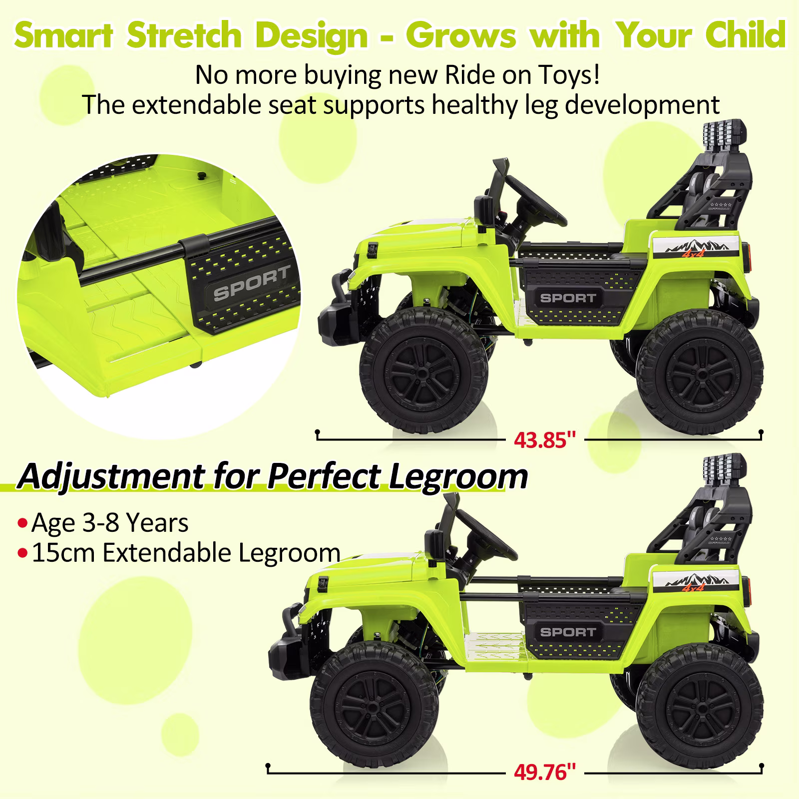 24V Ride On Car with Remote Control, 2 Seater Electric Vehicles for Big Kids, Adjustable Car Body Ride On Truck with 3 Speeds, LED Lights, Music, 4-Wheeler Suspension, Green - Image 3