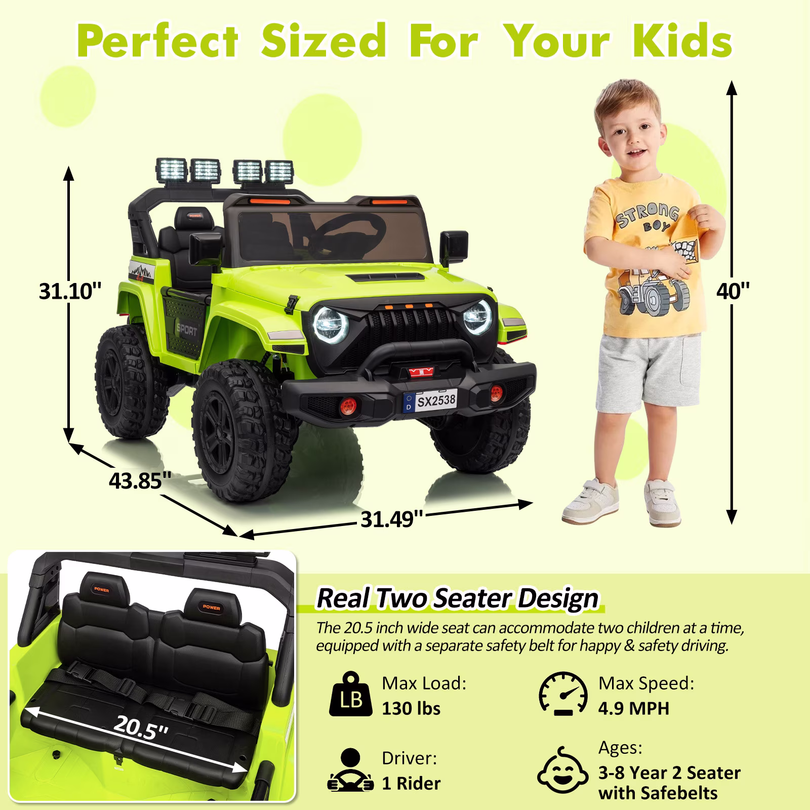 24V Ride On Car with Remote Control, 2 Seater Electric Vehicles for Big Kids, Adjustable Car Body Ride On Truck with 3 Speeds, LED Lights, Music, 4-Wheeler Suspension, Green - Image 4