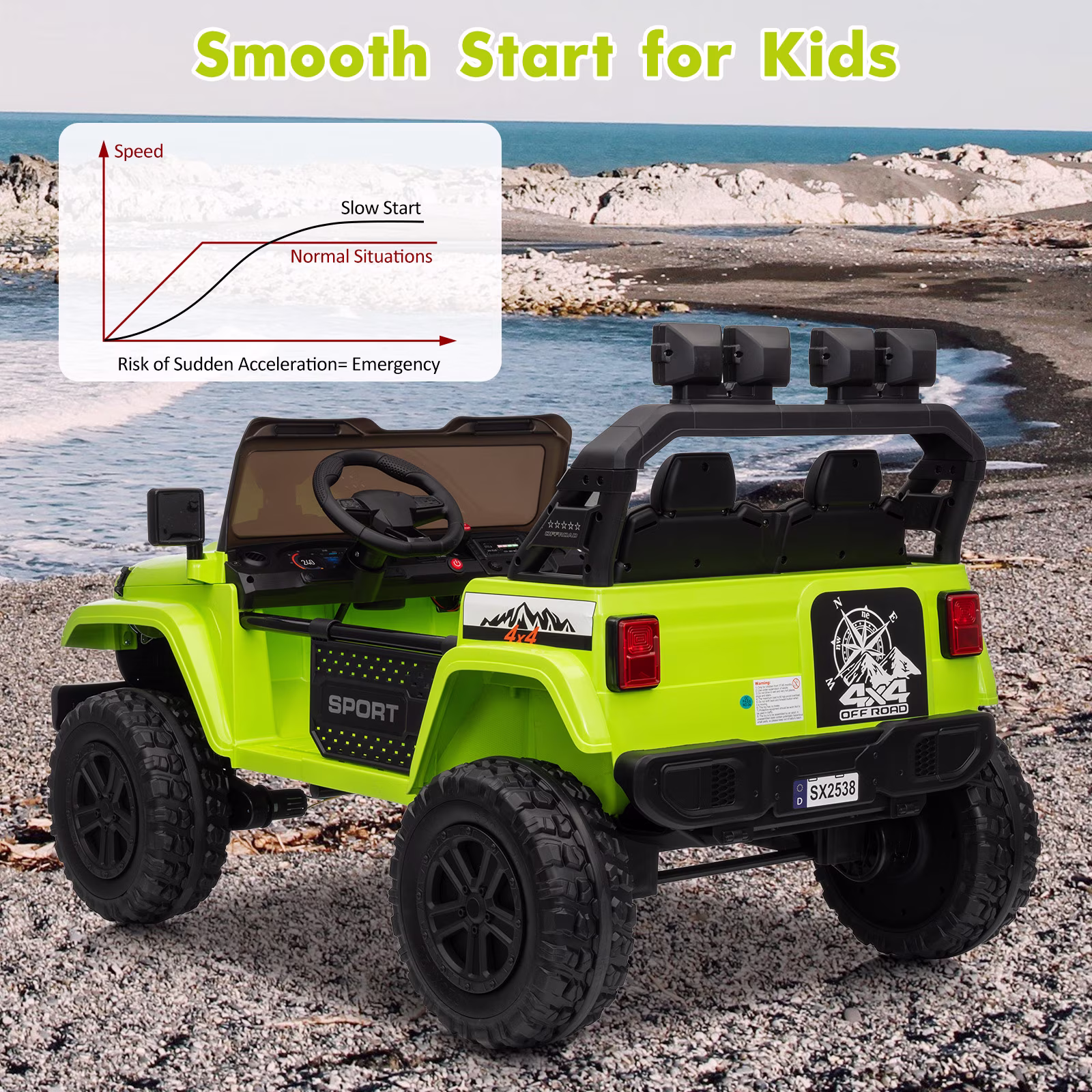 24V Ride On Car with Remote Control, 2 Seater Electric Vehicles for Big Kids, Adjustable Car Body Ride On Truck with 3 Speeds, LED Lights, Music, 4-Wheeler Suspension, Green - Image 2