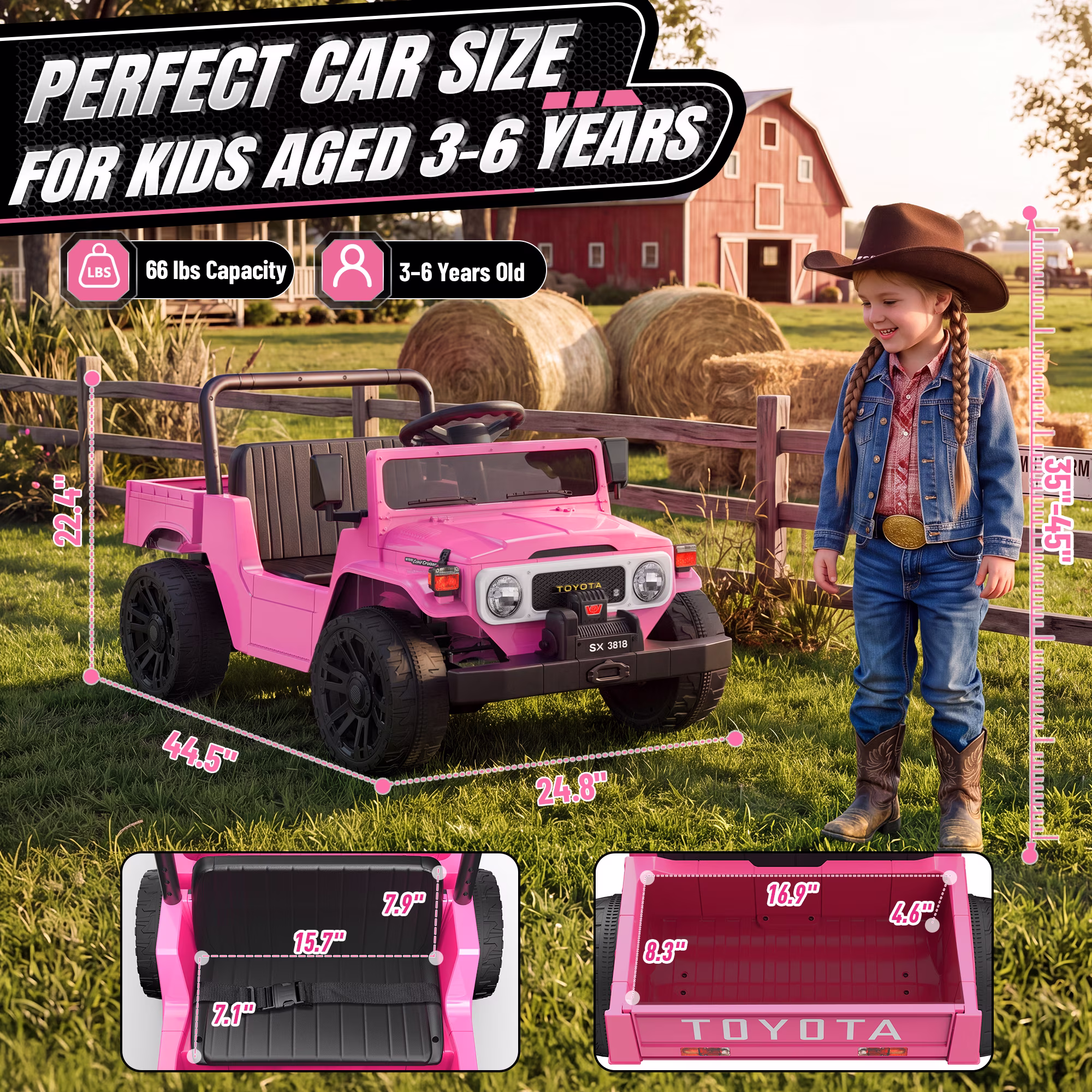 24V Ride On Dump Truck for Kids, Licensed Toyota Land Cruiser FJ45 Power Car Wheels Ride On Toy with Electric Dump Bed, Parent Remote Control, Music, LED Lights, Birthday Gift for Kids Ages 3-6, Pink - Image 5
