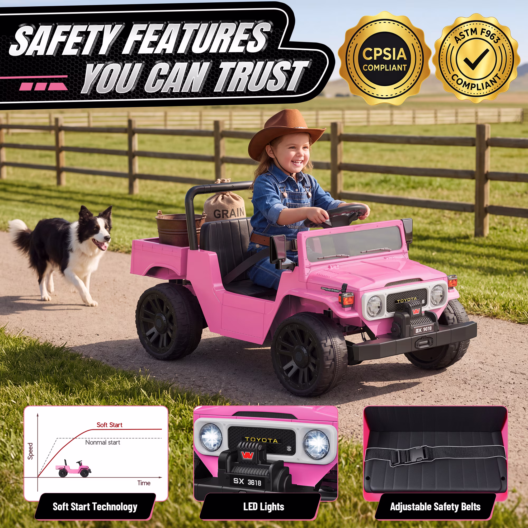 24V Ride On Dump Truck for Kids, Licensed Toyota Land Cruiser FJ45 Power Car Wheels Ride On Toy with Electric Dump Bed, Parent Remote Control, Music, LED Lights, Birthday Gift for Kids Ages 3-6, Pink - Image 2