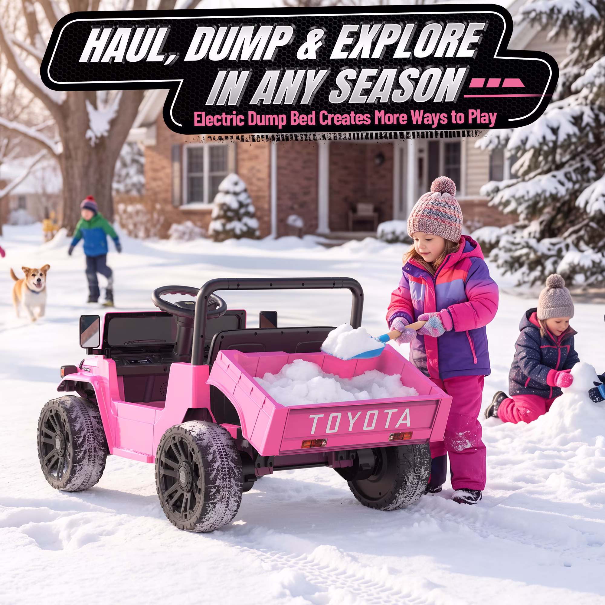24V Ride On Dump Truck for Kids, Licensed Toyota Land Cruiser FJ45 Power Car Wheels Ride On Toy with Electric Dump Bed, Parent Remote Control, Music, LED Lights, Birthday Gift for Kids Ages 3-6, Pink - Image 3
