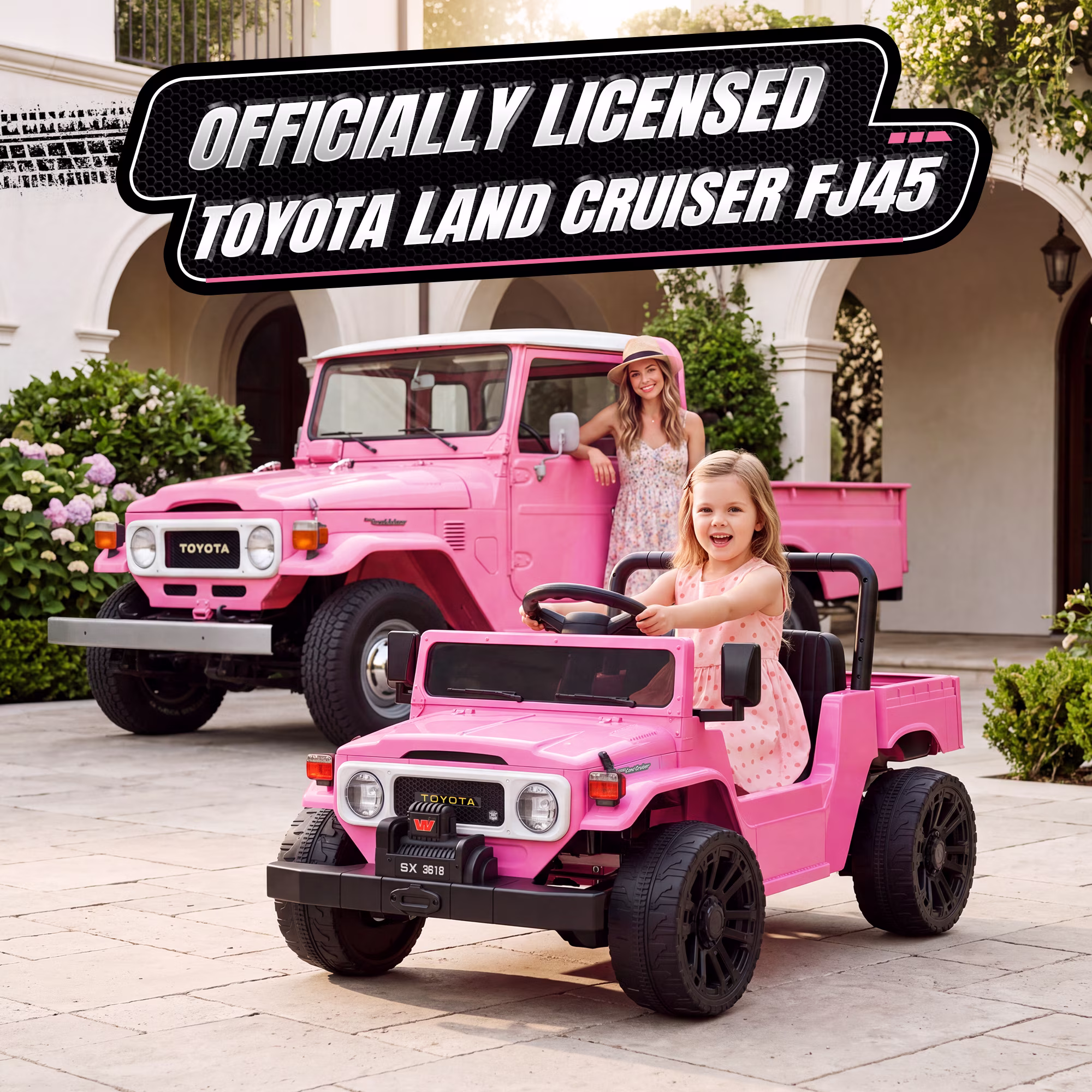 24V Ride On Dump Truck for Kids, Licensed Toyota Land Cruiser FJ45 Power Car Wheels Ride On Toy with Electric Dump Bed, Parent Remote Control, Music, LED Lights, Birthday Gift for Kids Ages 3-6, Pink - Image 4