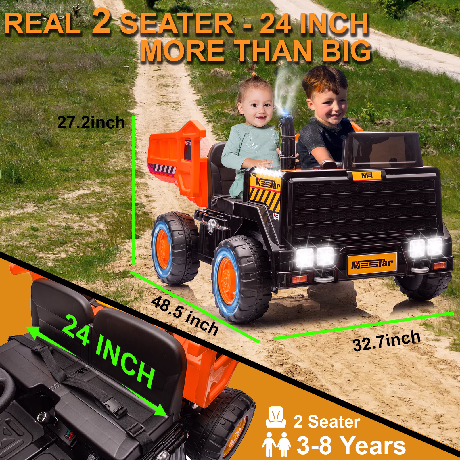 24V Ride On Dump Truck w/ Electric Dump Bed, 4WD 2 Seater Kids Ride On Car w/ Remote Control, 24V Battery Powered Car w/ Music, Suspension, Extra Shovel, 24V Electric Car for Big Boys Girls, Orange - Image 2