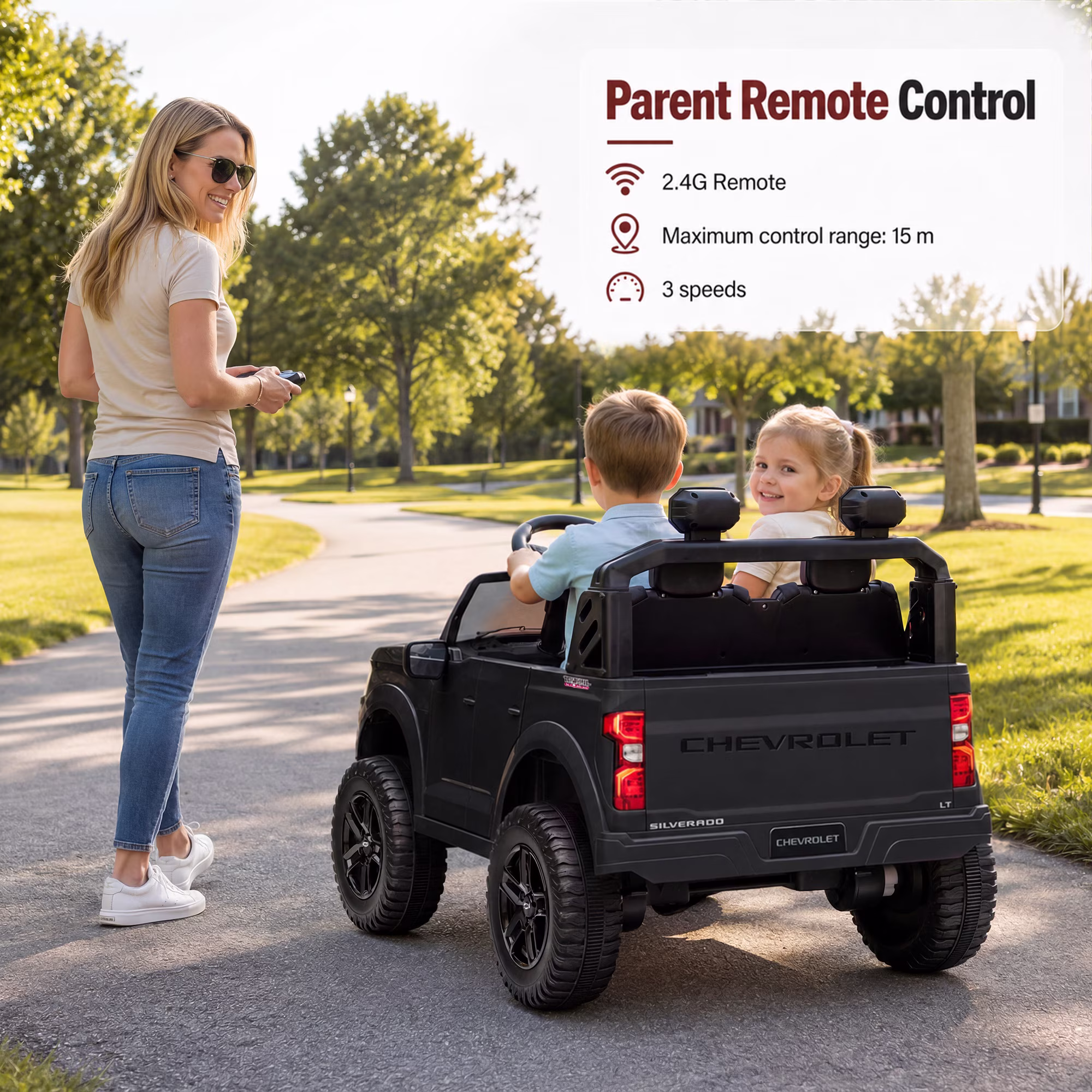 24V Ride on Toy for Kids, Licensed Chevrolet 2 Seat Powered Ride on Car with Remote Control, 4 Wheels Spring Suspension, Bluetooth, LED Lights, Kids Electric Car for Age 3+, Black - Image 2