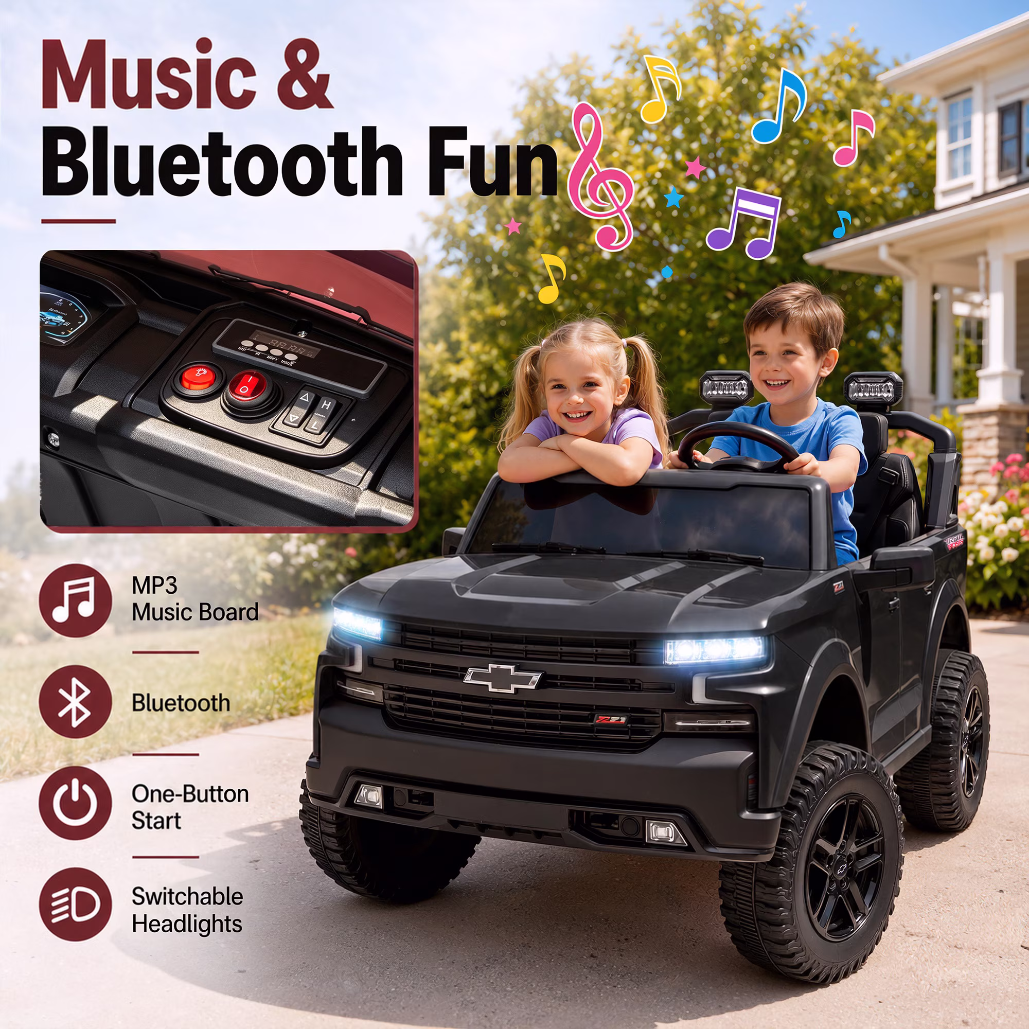 24V Ride on Toy for Kids, Licensed Chevrolet 2 Seat Powered Ride on Car with Remote Control, 4 Wheels Spring Suspension, Bluetooth, LED Lights, Kids Electric Car for Age 3+, Black - Image 4