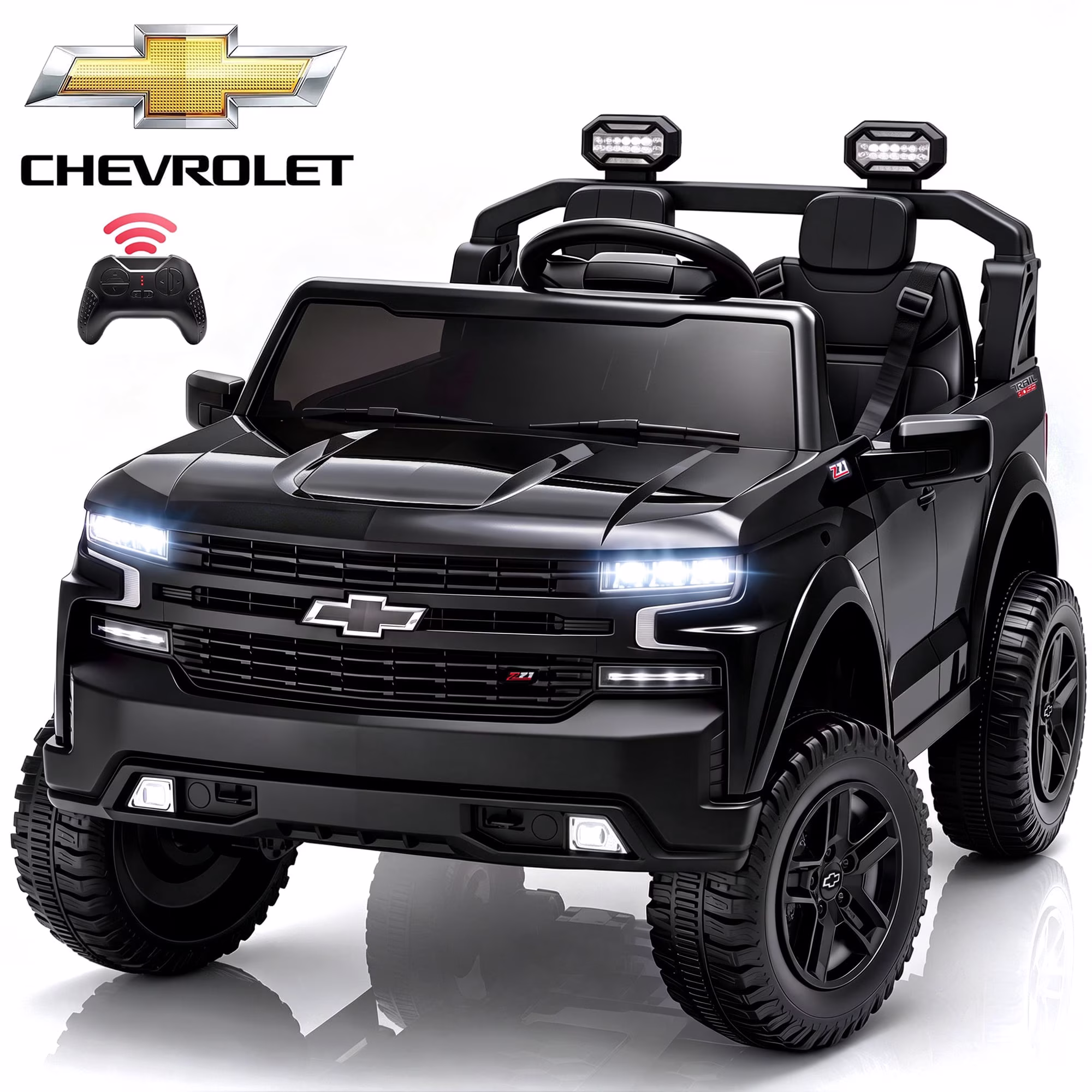24V Ride on Toy for Kids, Licensed Chevrolet 2 Seat Powered Ride on Car with Remote Control, 4 Wheels Spring Suspension, Bluetooth, LED Lights, Kids Electric Car for Age 3+, Black