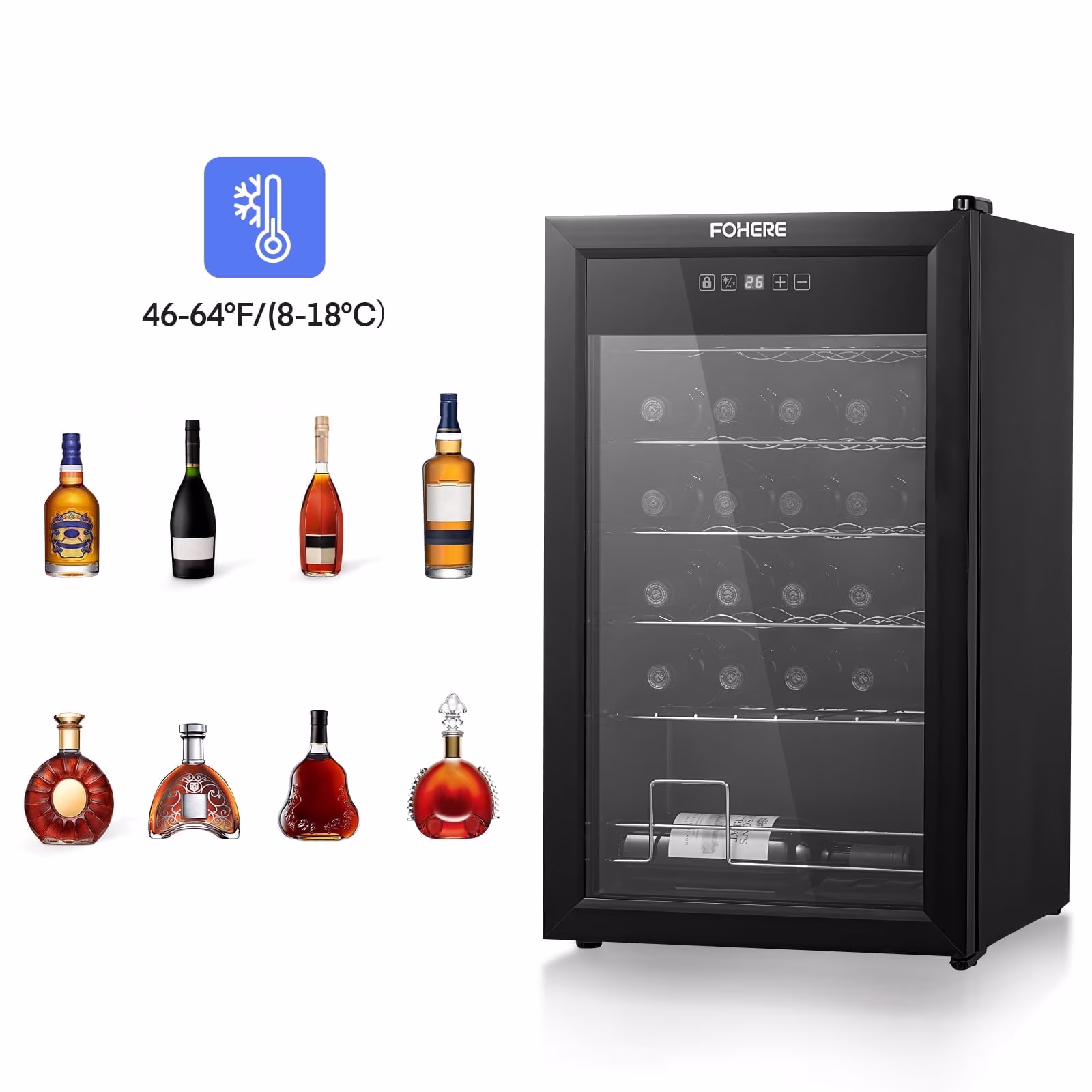 28 Bottles Wine Refrigerator, Freestanding Wine Cellar with LED Light, Digital Temper Control