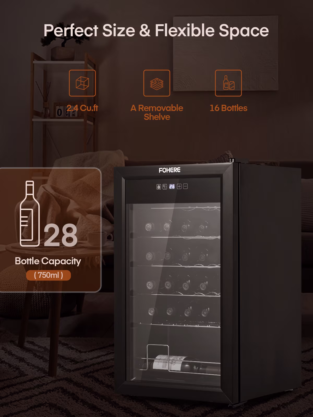 28 Bottles Wine Refrigerator, Freestanding Wine Cellar with LED Light, Digital Temper Control - Image 5