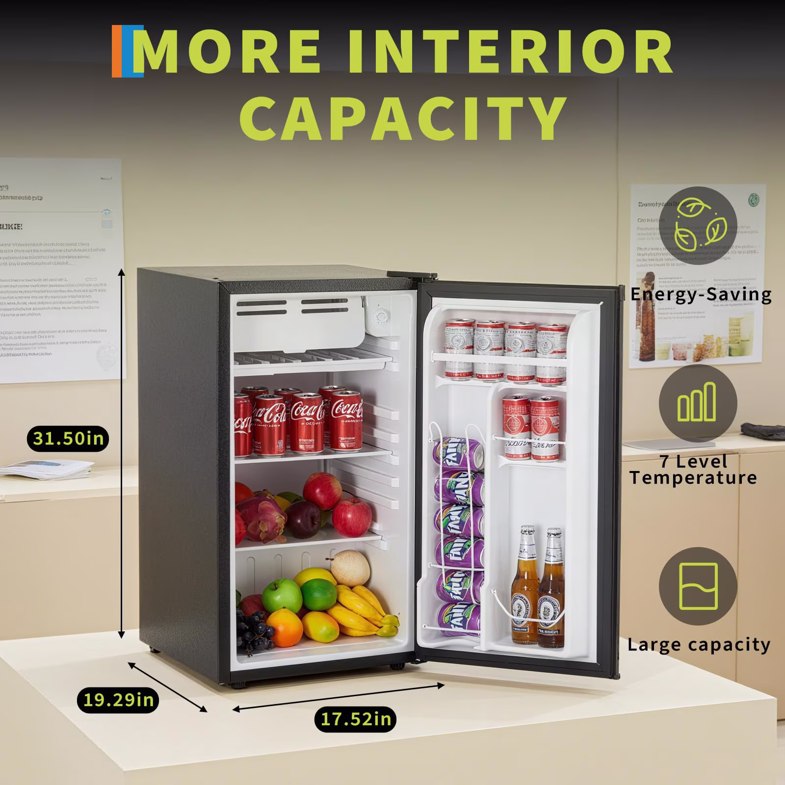3.2 Cu. Ft. Compact Refrigerator | Single Door Mini Fridge with Energy-Efficient & Quiet Operation | for Dorm, Office, Bedroom, Kitchen, Bar Use with Adjustable Shelves - Image 3
