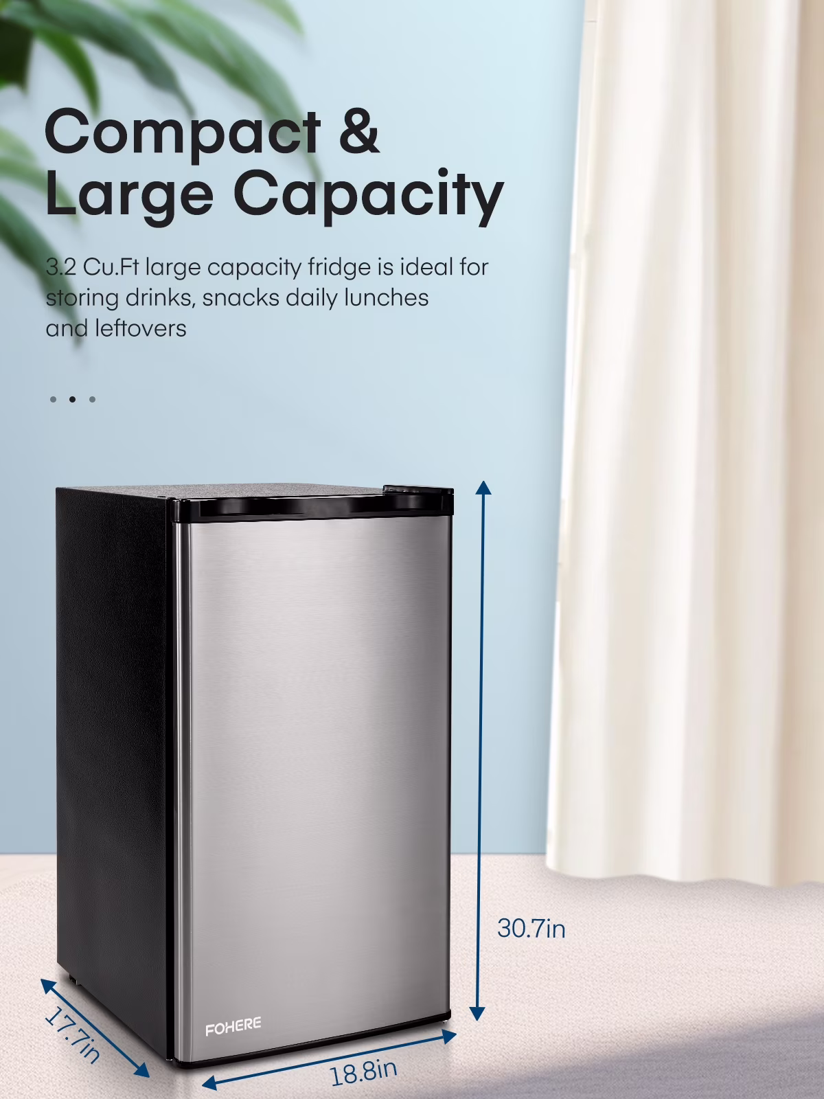 3.2 Cu.ft Mini Refrigerator with 7 Temp Control, FOHERE Compact Fridge with Freezer, Low Noise, Stainless Steel - Image 4